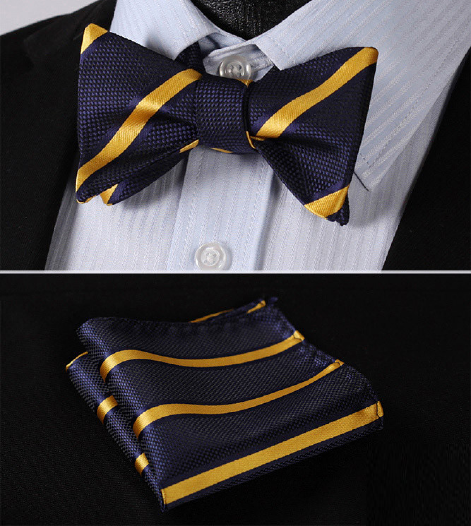 Main View: Blue, Yellow Gold Stripe Bow Tie and Pocket Square