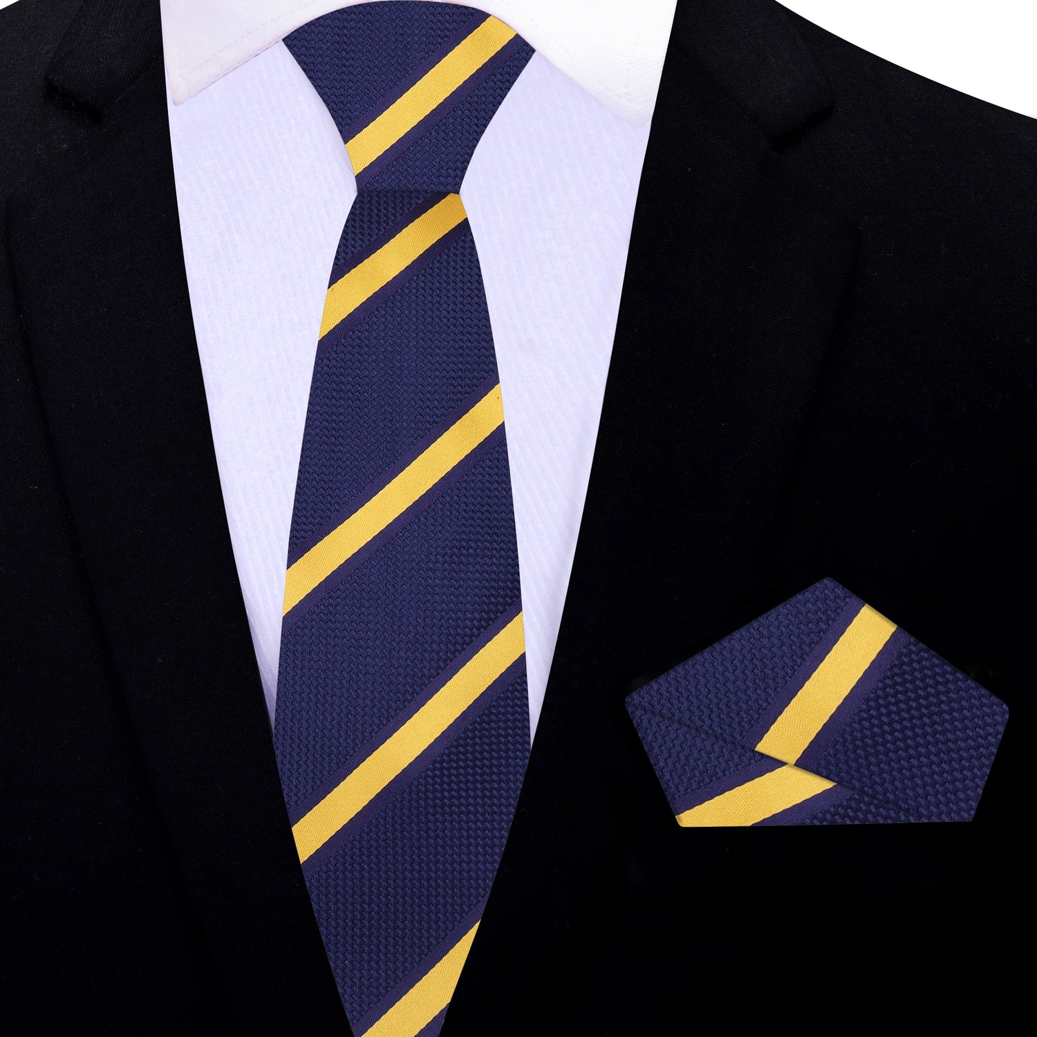 Thin Tie: Dark Blue, Yellow Stripe Necktie and Matching Square
