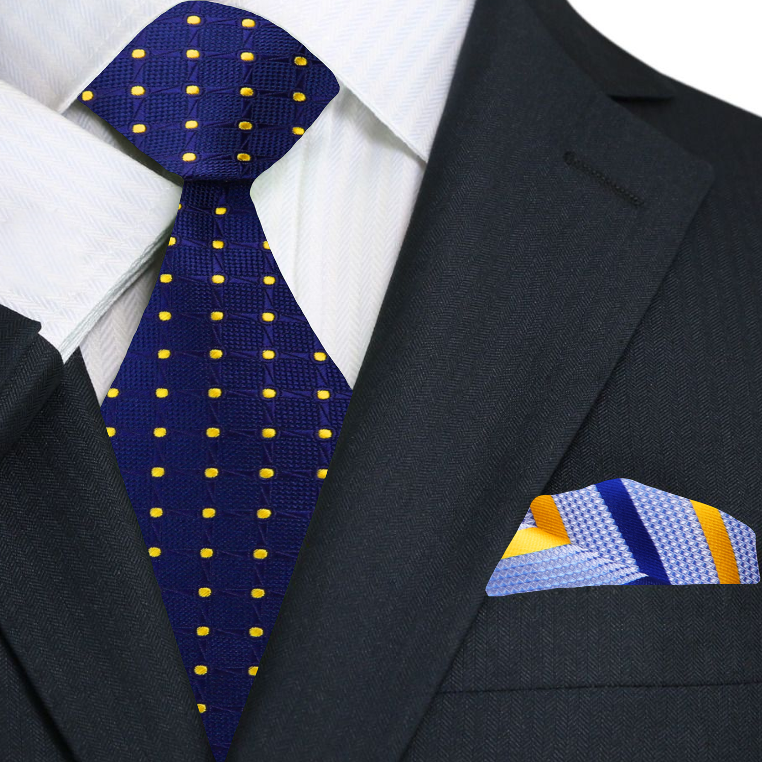 Premium Blue, Yellow Geometric/Polka Necktie with Blue and Yellow Stripe Square