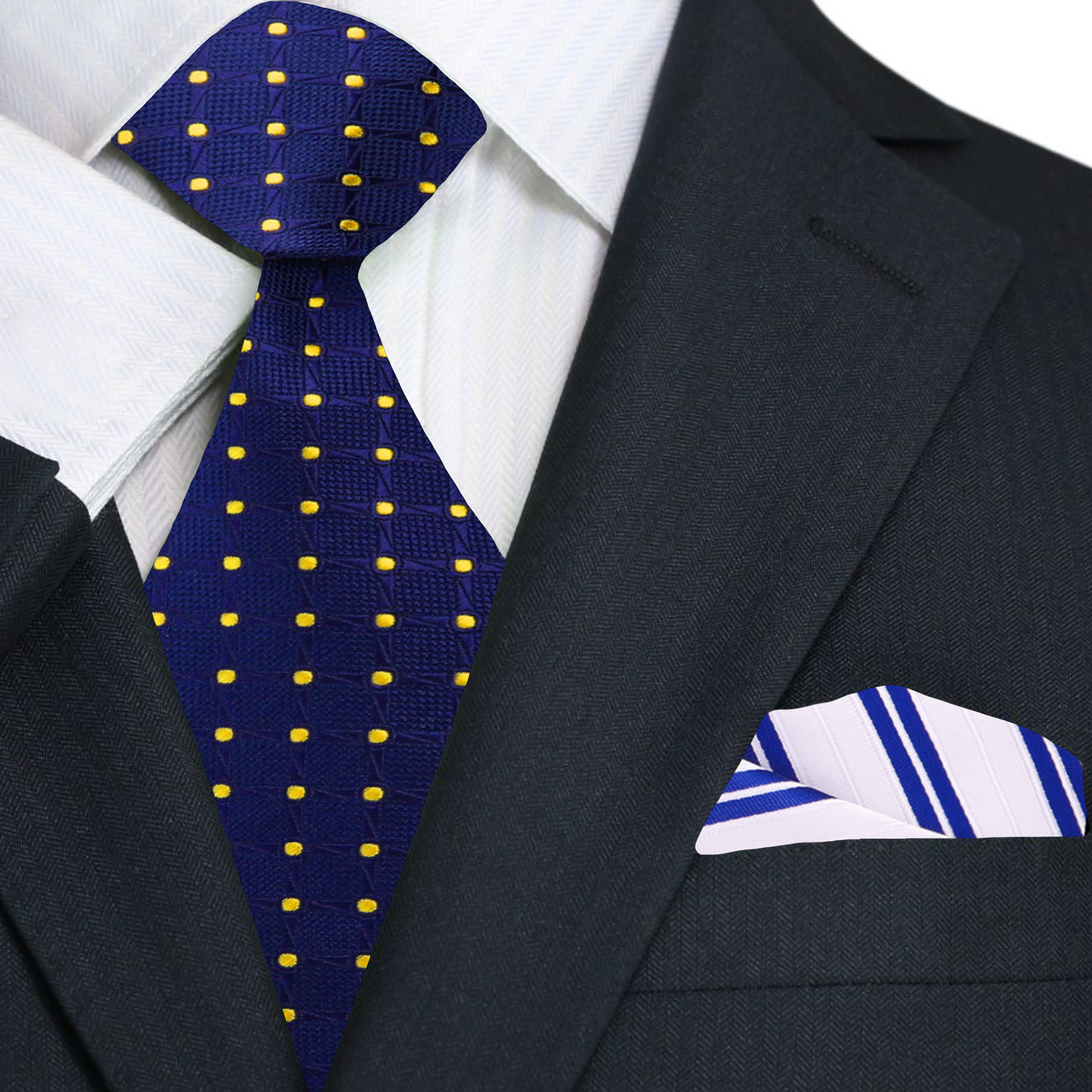 Premium Blue, Yellow Geometric/Polka Necktie with White and Blue Stripe Square