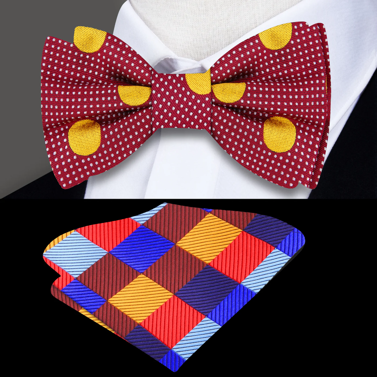 Deep Red Yellow Polka Dot Bow Tie and Accenting Square