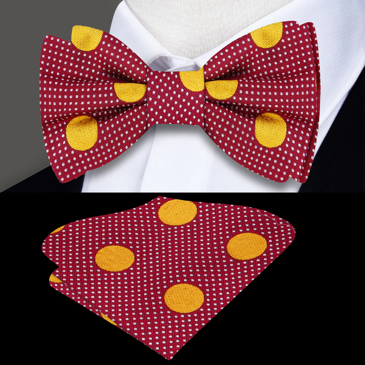 Deep Red Yellow Polka Dot Bow Tie and Square