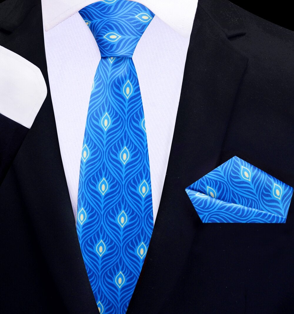 Blue, Yellow Abstract Thin Tie and Square