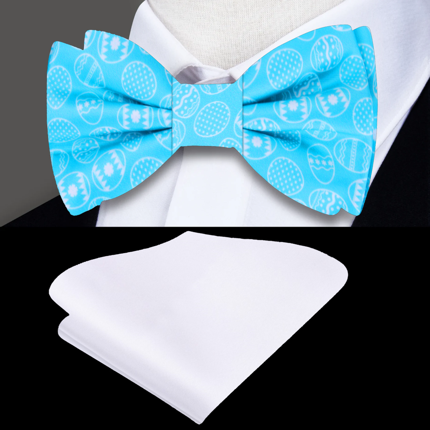 Bright Blue Easter Eggs Bow Tie and White Pocket Square