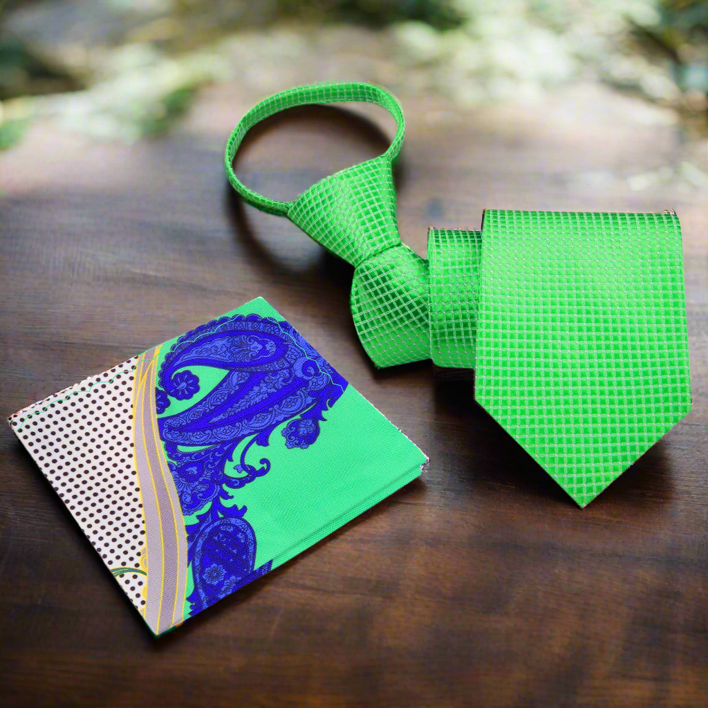 View 2 Green Geometric Tie and Accenting Pocket Square