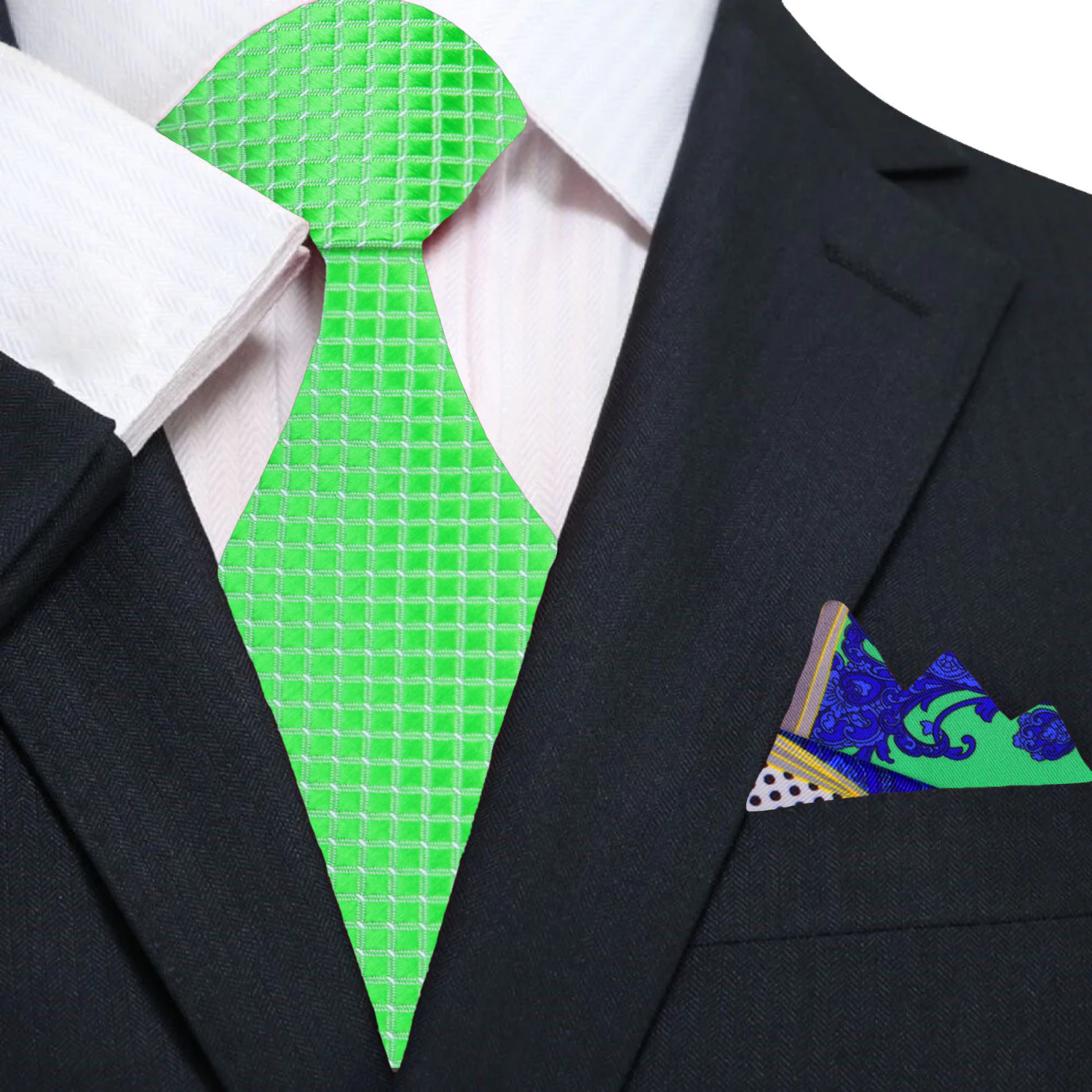 Green Geometric Tie and Accenting Pocket Square