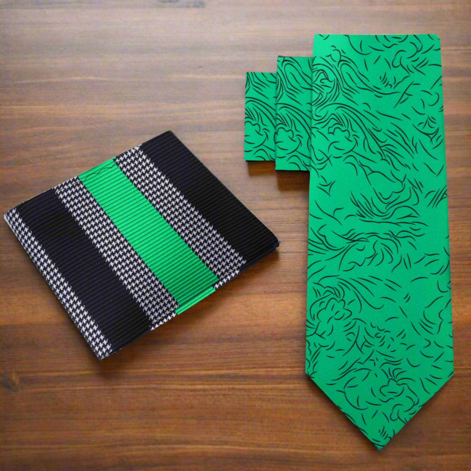 Alt View: Green, Black Abstract Necktie with Green, Black Stripe Square