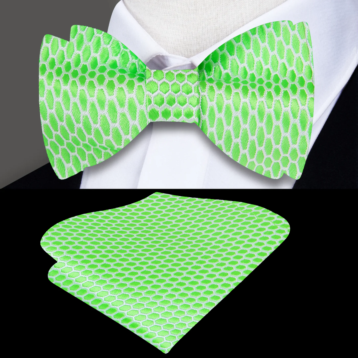 Main View; Lucky Green, White Geometric Bow Tie and Pocket Square