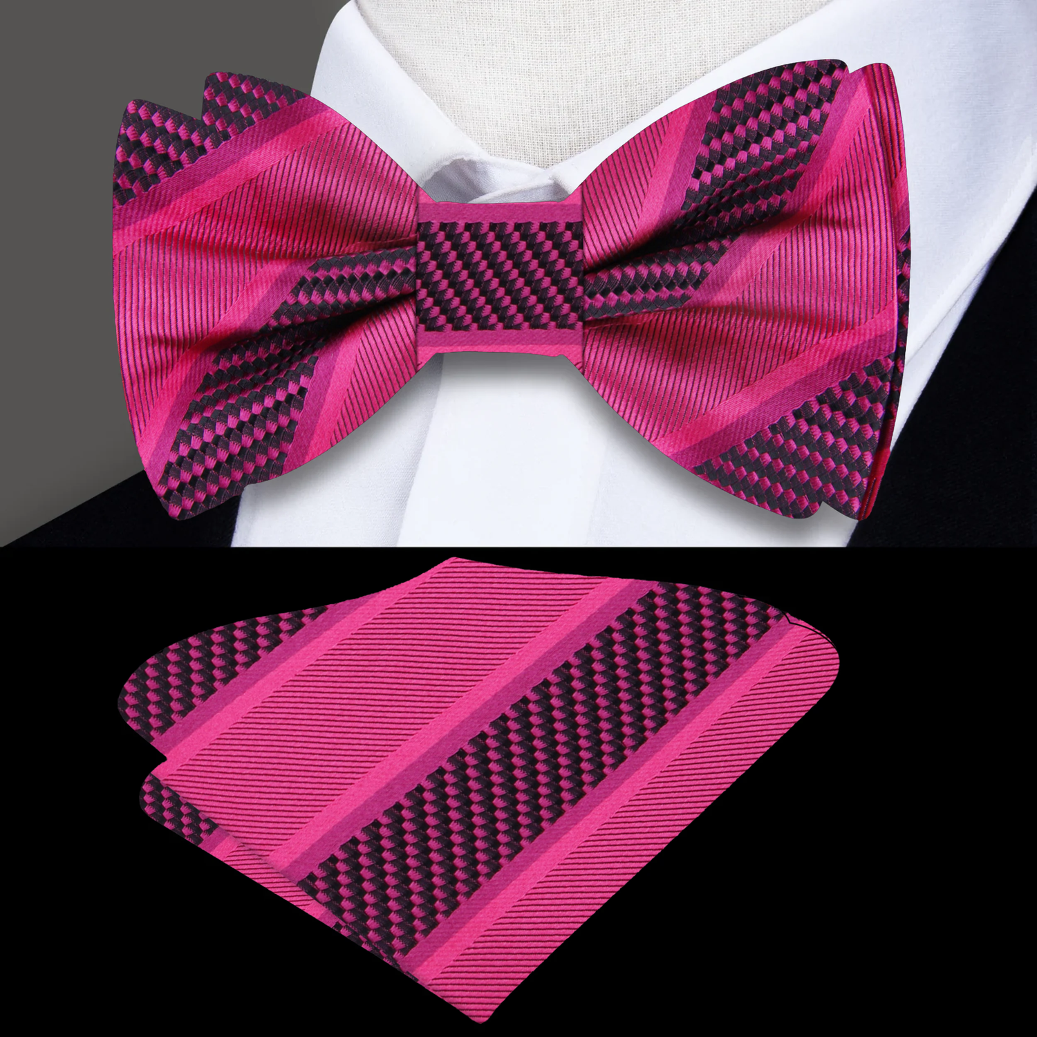 Dark Pink Block Stripe Bow Tie and Square