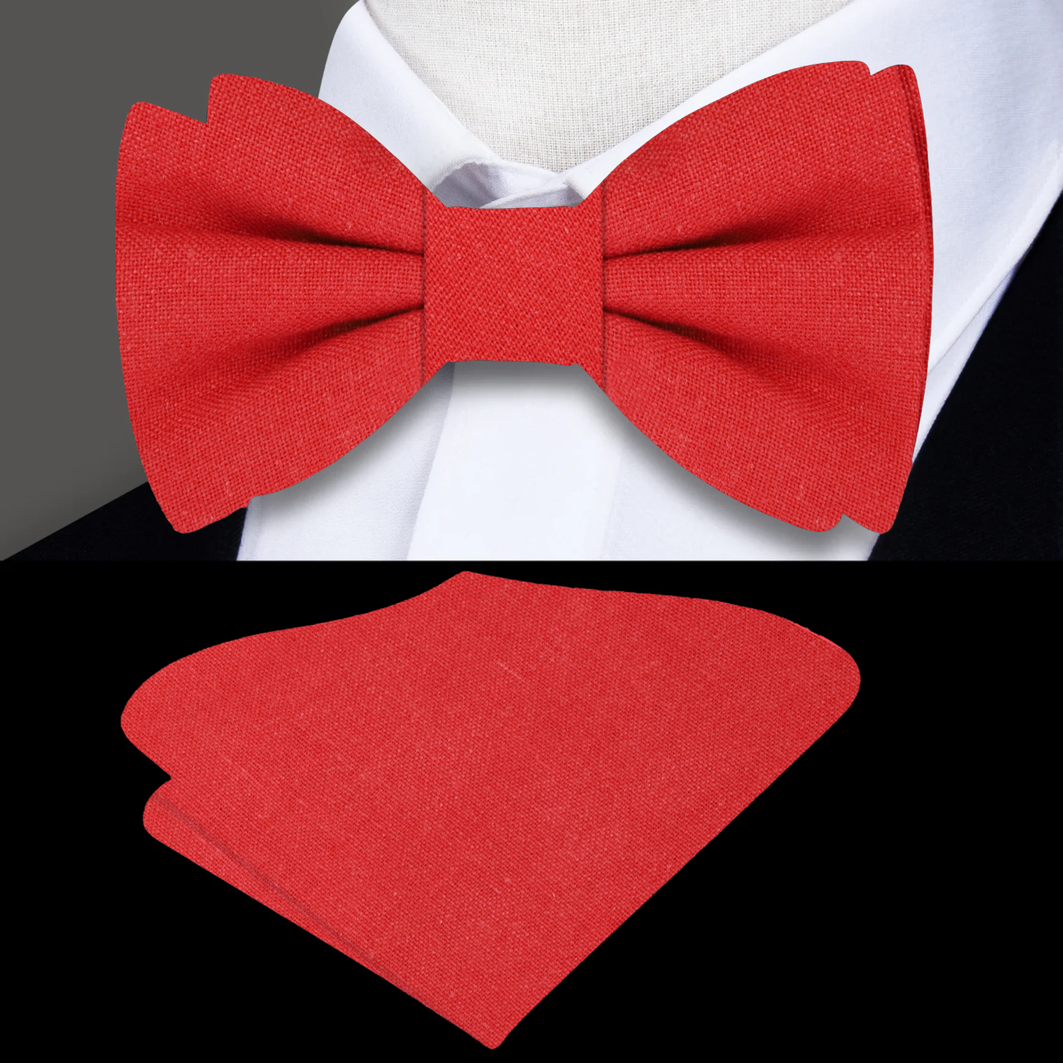 Bright Red Linen Bow Tie and Pocket Square||Bright Red