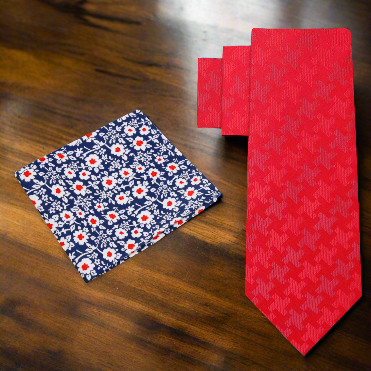 Red Necktie and Blue Floral Square