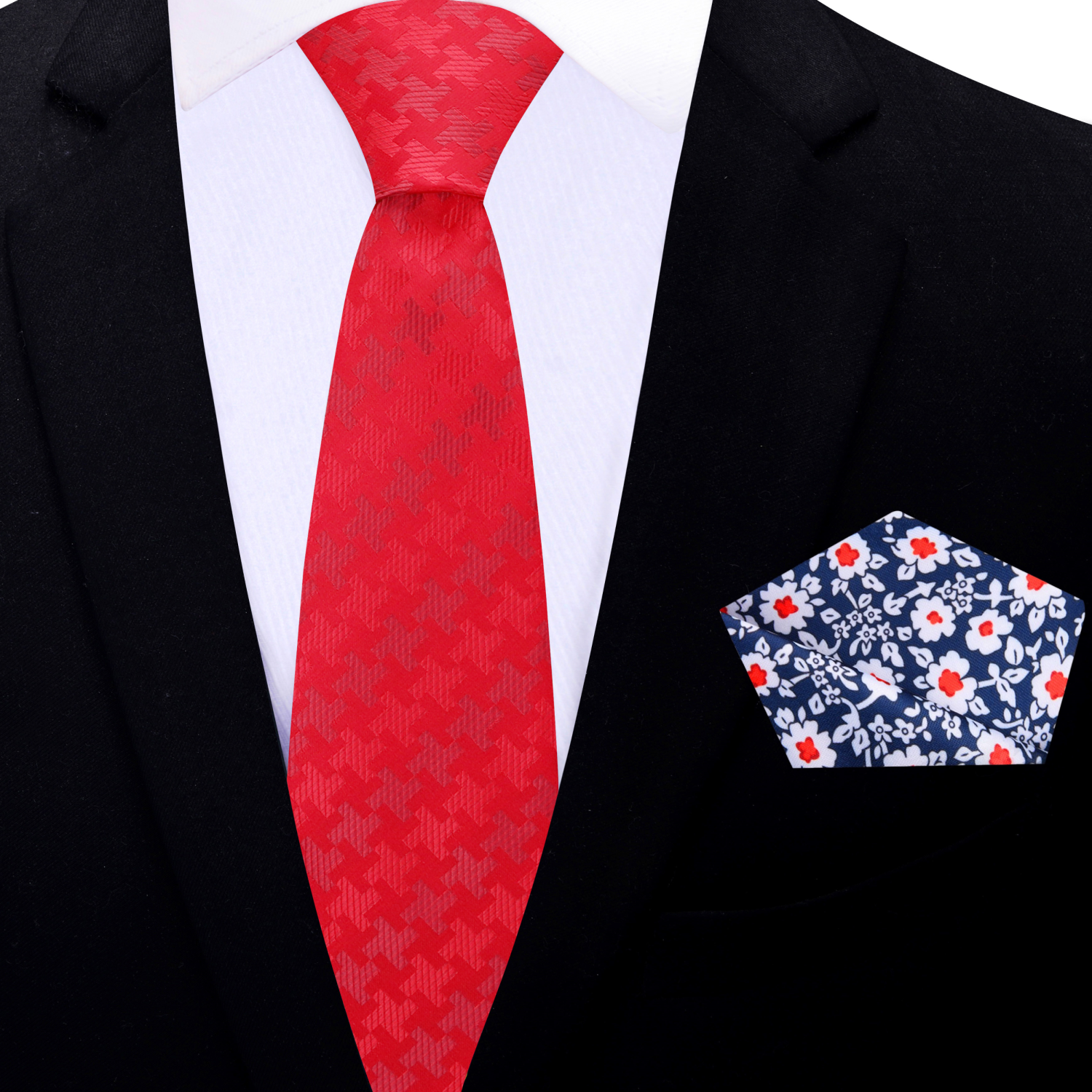 Thin Red Necktie and Blue Floral Square