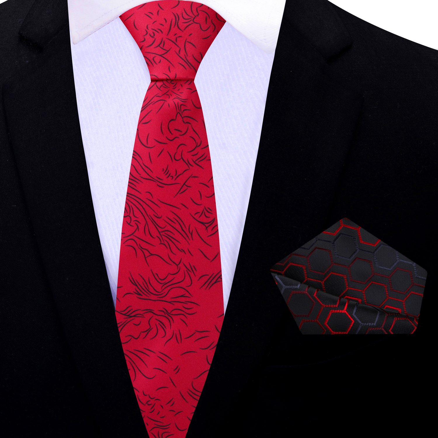 Thin Tie: Bright Red and Black Abstract Lines Tie and Black and Red Geometric Square