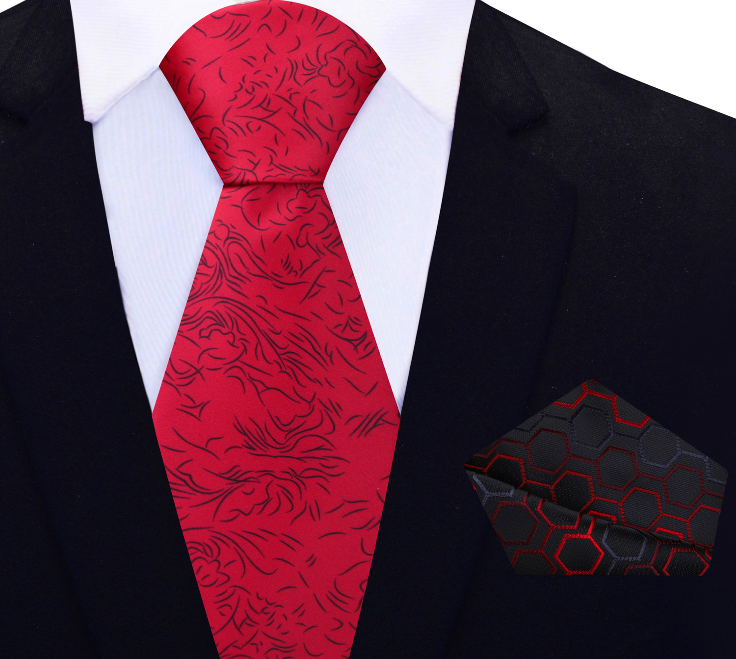 View 2: Bright Red and Black Abstract Lines Tie and Black and Red Geometric Square