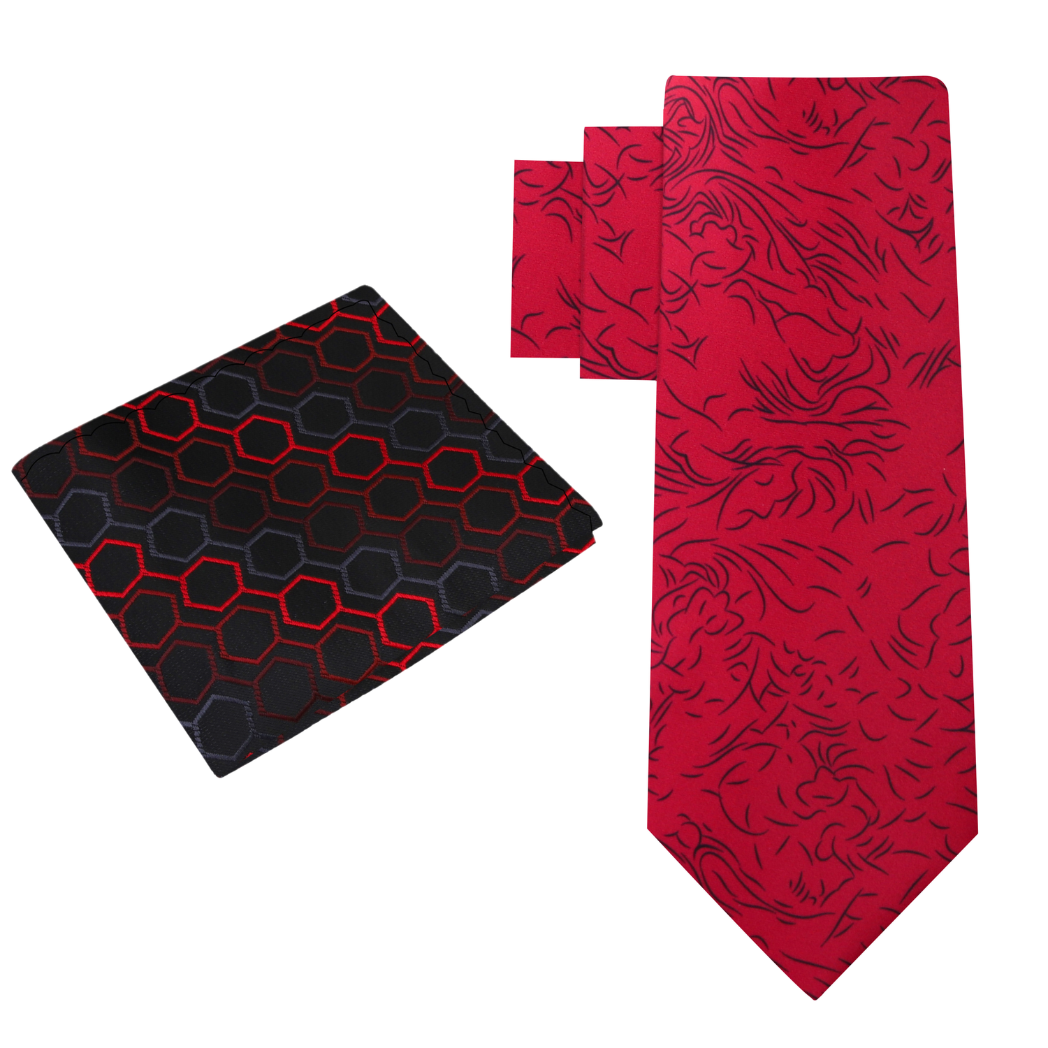Alt View: Bright Red and Black Abstract Lines Tie and Black and Red Geometric Square