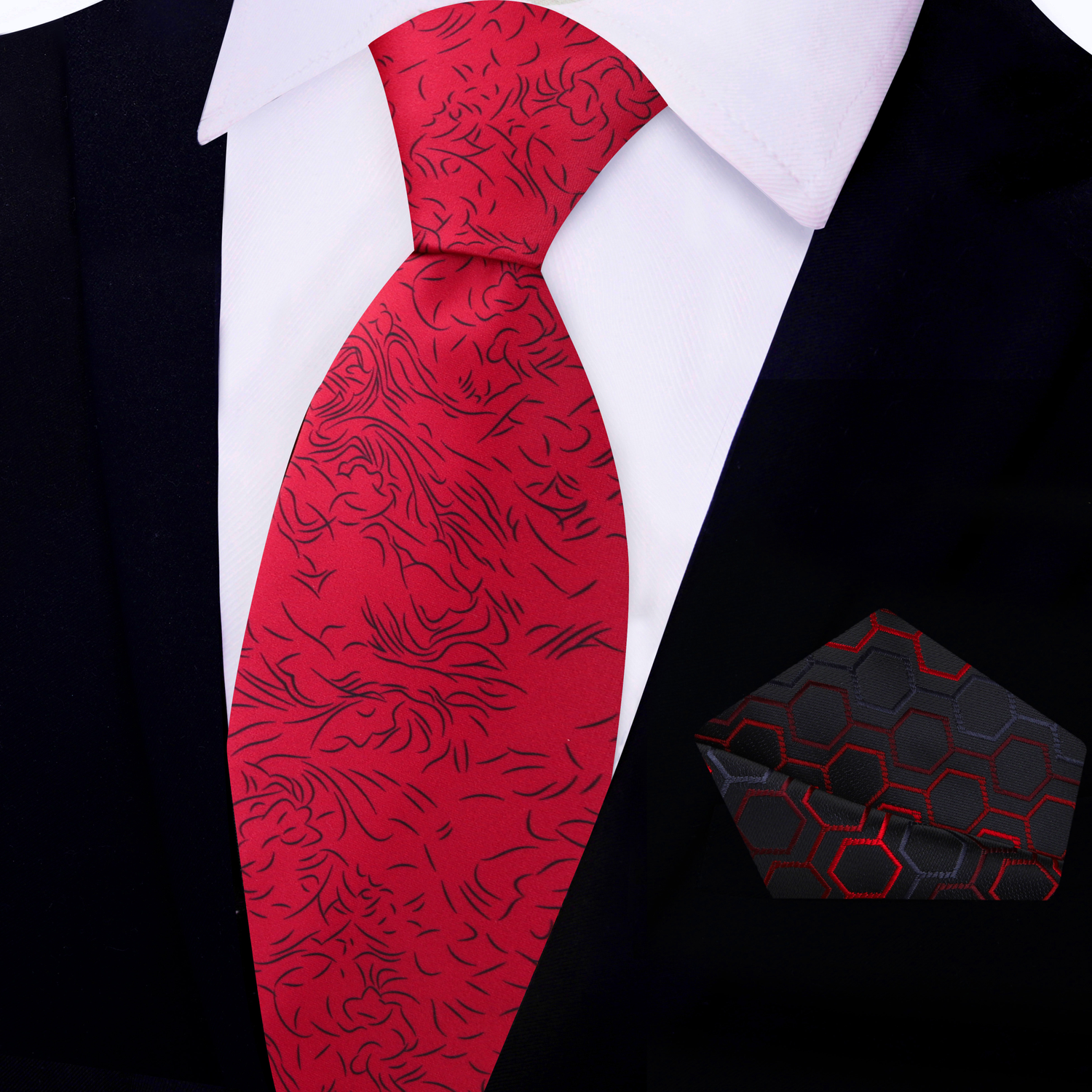 Bright Red and Black Abstract Lines Tie and Black and Red Geometric Square