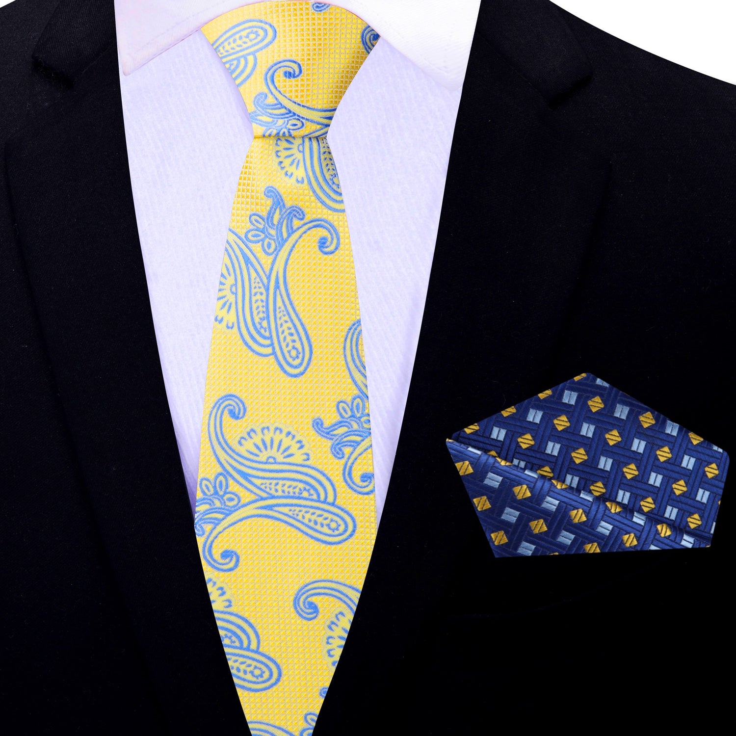 Thin Tie: Yellow and Light Blue Paisley Tie and Blue/Yellow Geometric Floral Square
