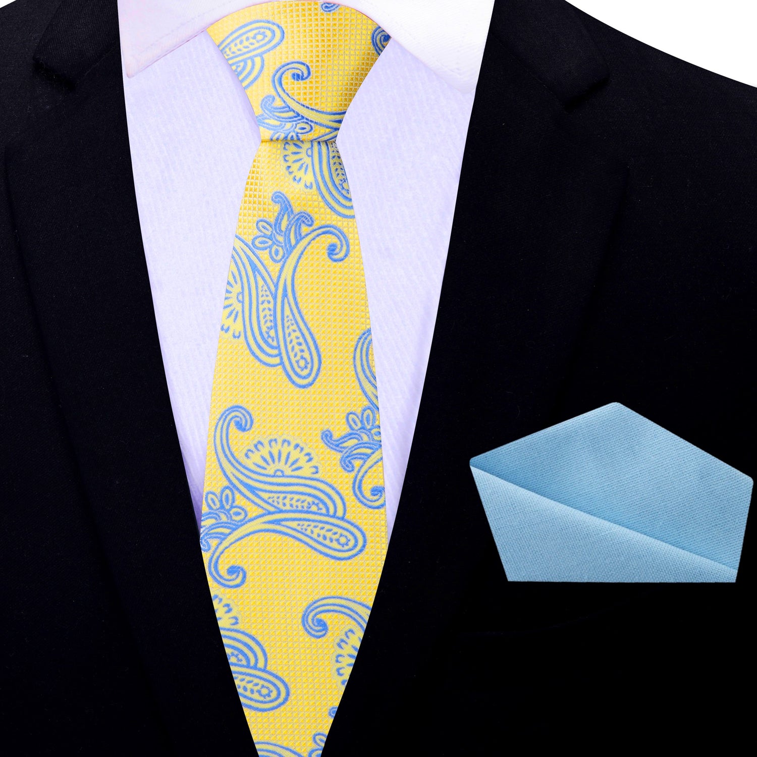 Thin Tie: Yellow and Light Blue Paisley Tie and Light Blue Square
