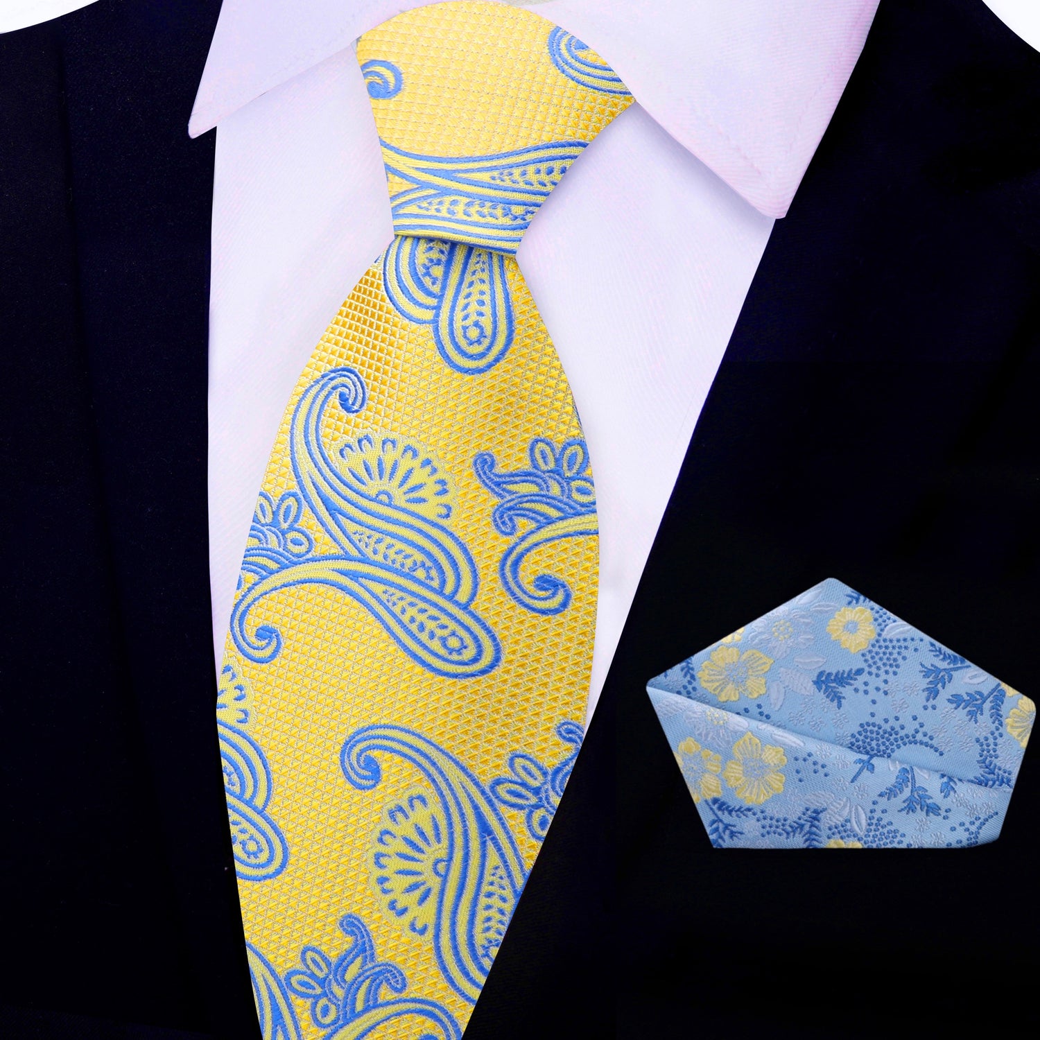 View 2: Yellow and Light Blue Paisley Tie and Light Blue, Yellow Floral Square