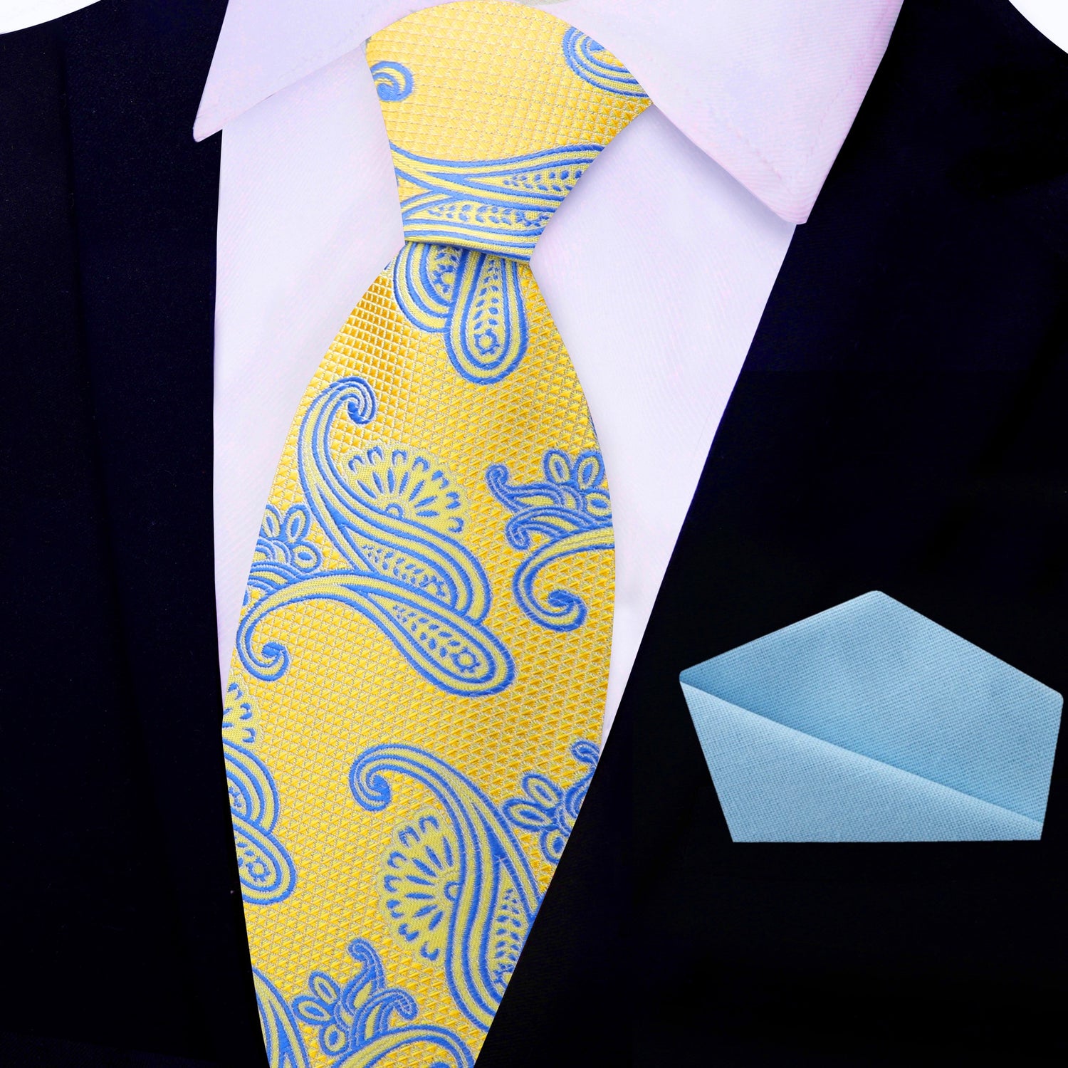 View 2: Yellow and Light Blue Paisley Tie and Light Blue Square