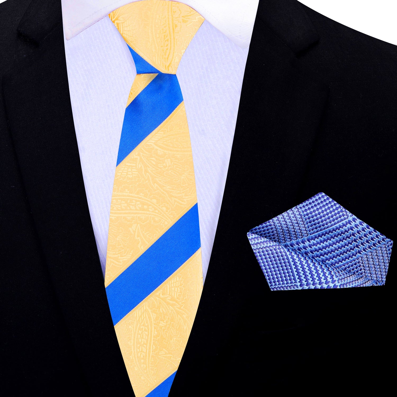 Thin Tie: Yellow Gold Paisley Texture with Blue Stripe Pocket Square