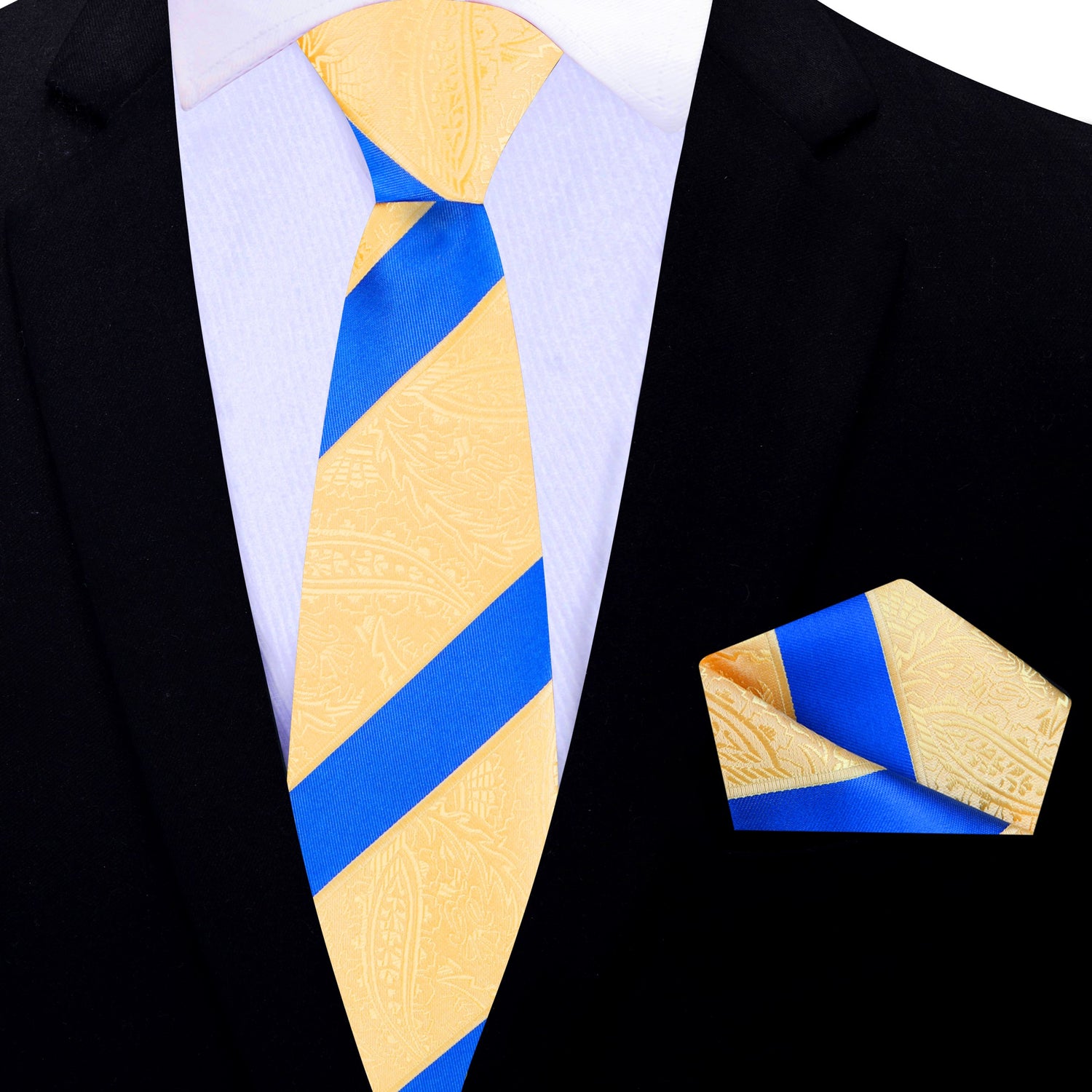 Thin Tie: Yellow Gold Paisley Texture Necktie with Matching Pocket Square