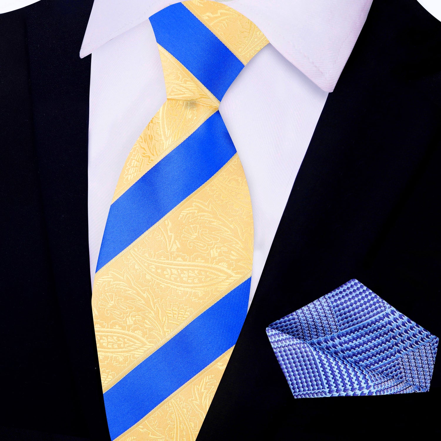 Yellow Gold Paisley Texture with Blue Stripe Pocket Square