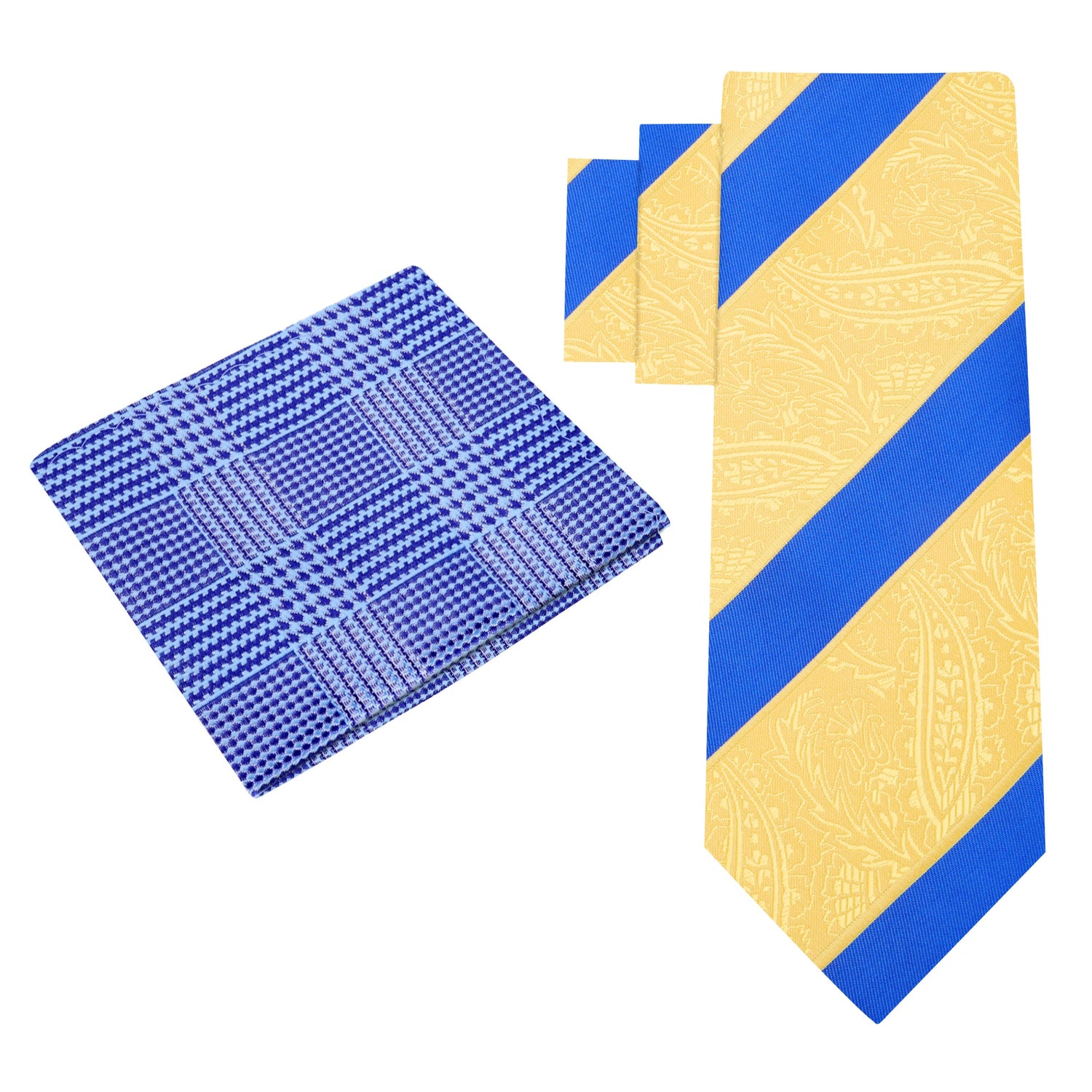 Alt View: Yellow Gold Paisley Texture with Blue Stripe Pocket Square