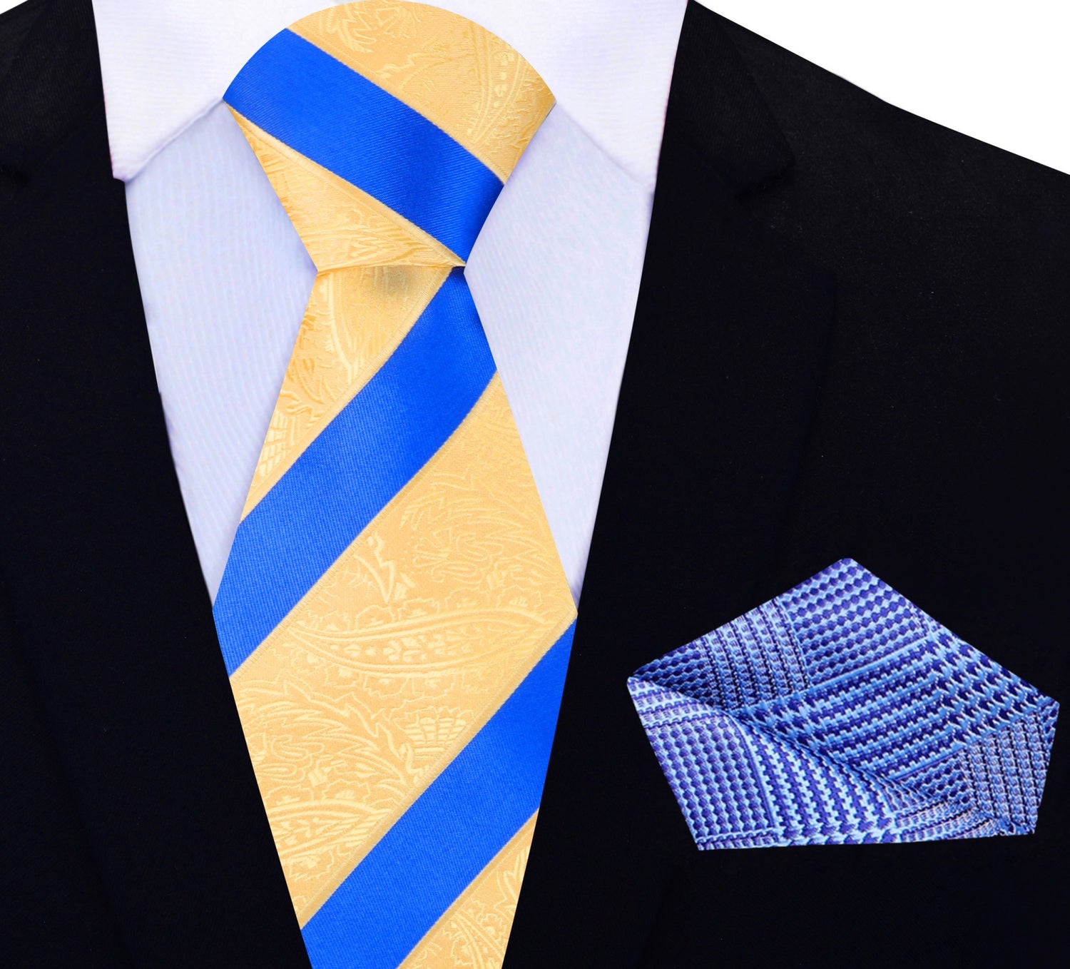 View 2: Yellow Gold Paisley Texture with Blue Stripe Pocket Square
