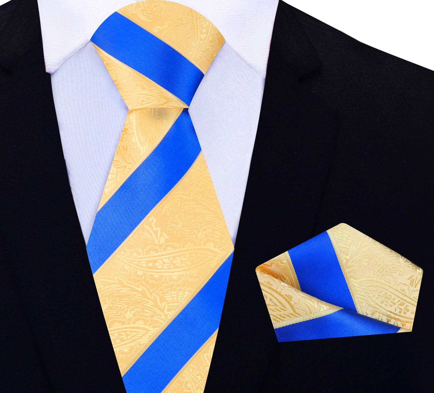 View 2: Yellow Gold Paisley Texture Necktie with Matching Pocket Square