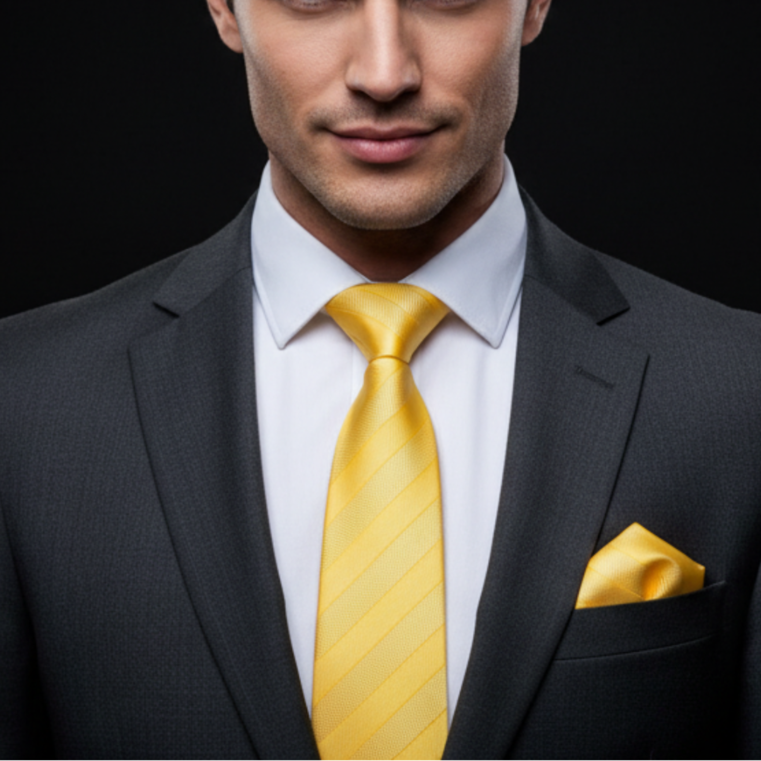 Man wearing a gray suit with a yellow tie and pocket square on a black background