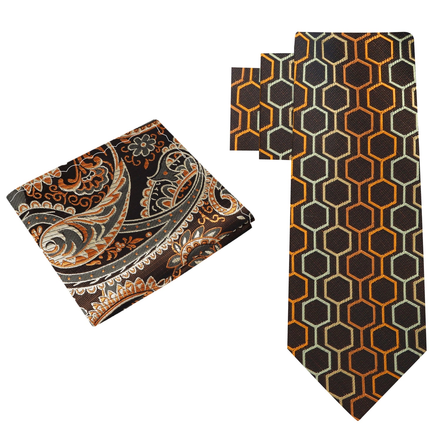 Alt View: Shades of Brown Geometric Necktie and Brown Paisley Square