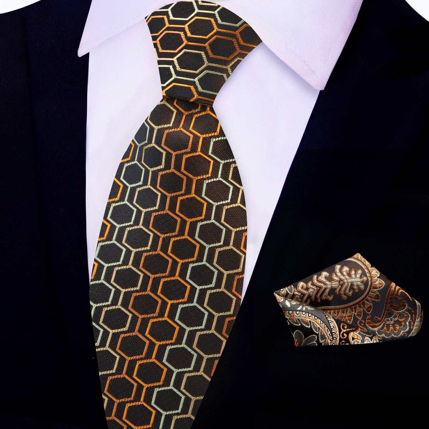 View 2: Shades of Brown Geometric Necktie and Brown Paisley Square