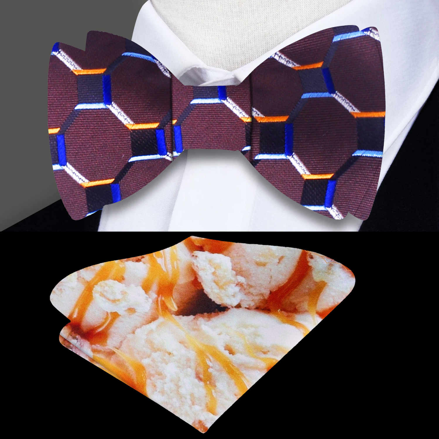 A Brown, Blue, Gold Geometric Diamond Pattern Silk Self Tie Bow Tie, Accenting Pocket Square