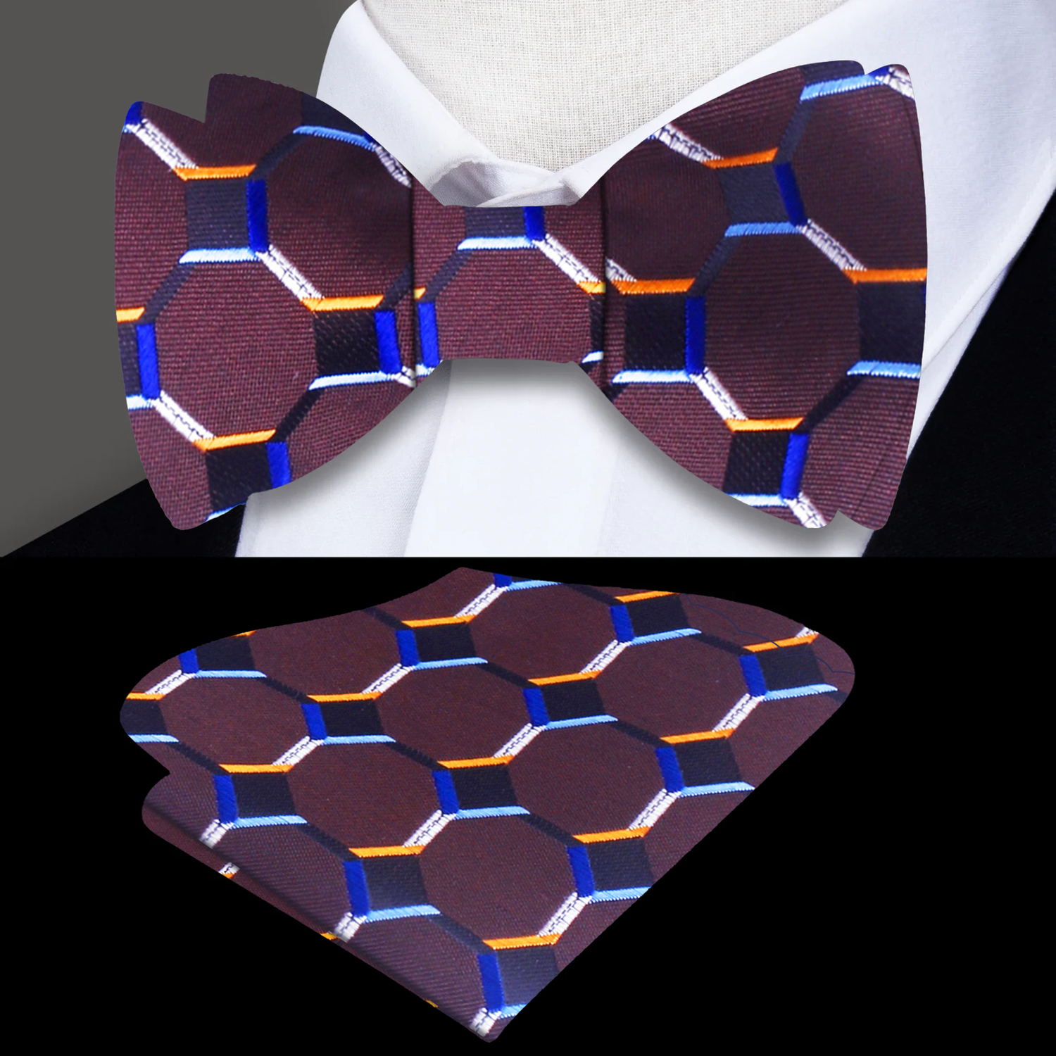 A Brown, Blue, Gold Geometric Diamond Pattern Silk Self Tie Bow Tie, Matching Pocket Square