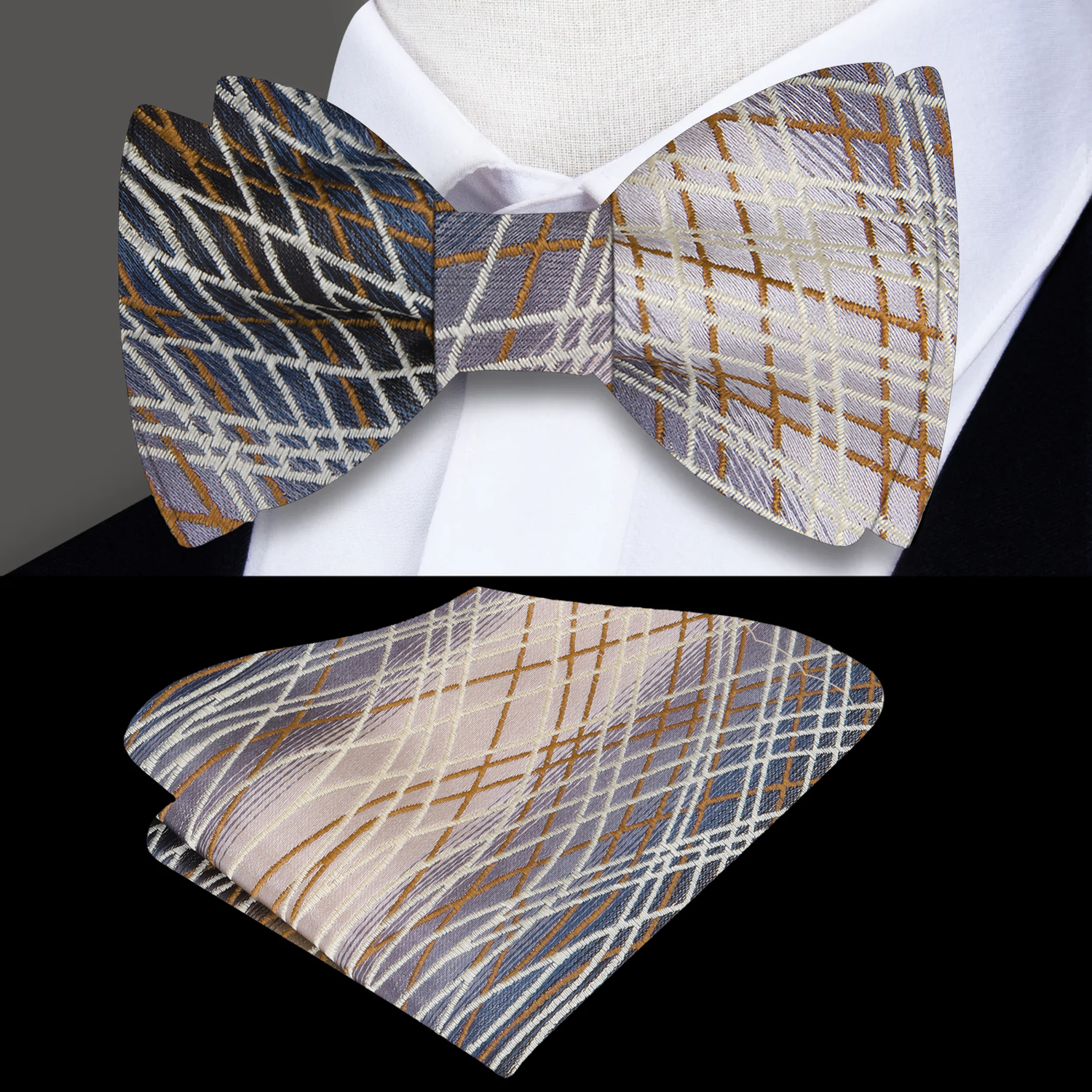 A Brown, Dark Brown Abstract Intersecting Lines Pattern Silk Self Tie Bow Tie, Matching Pocket Square