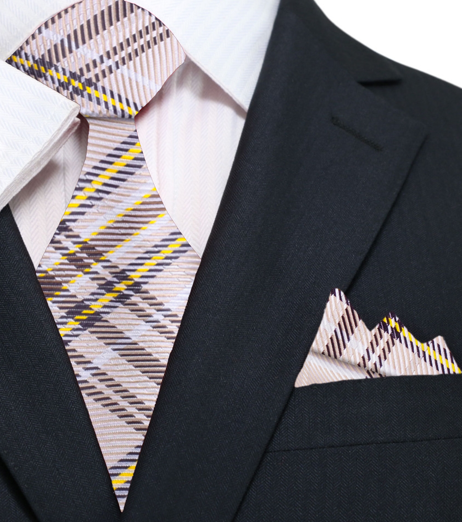 A Brown, Tan, Cream Plaid Pattern Silk Necktie, Matching Pocket Square