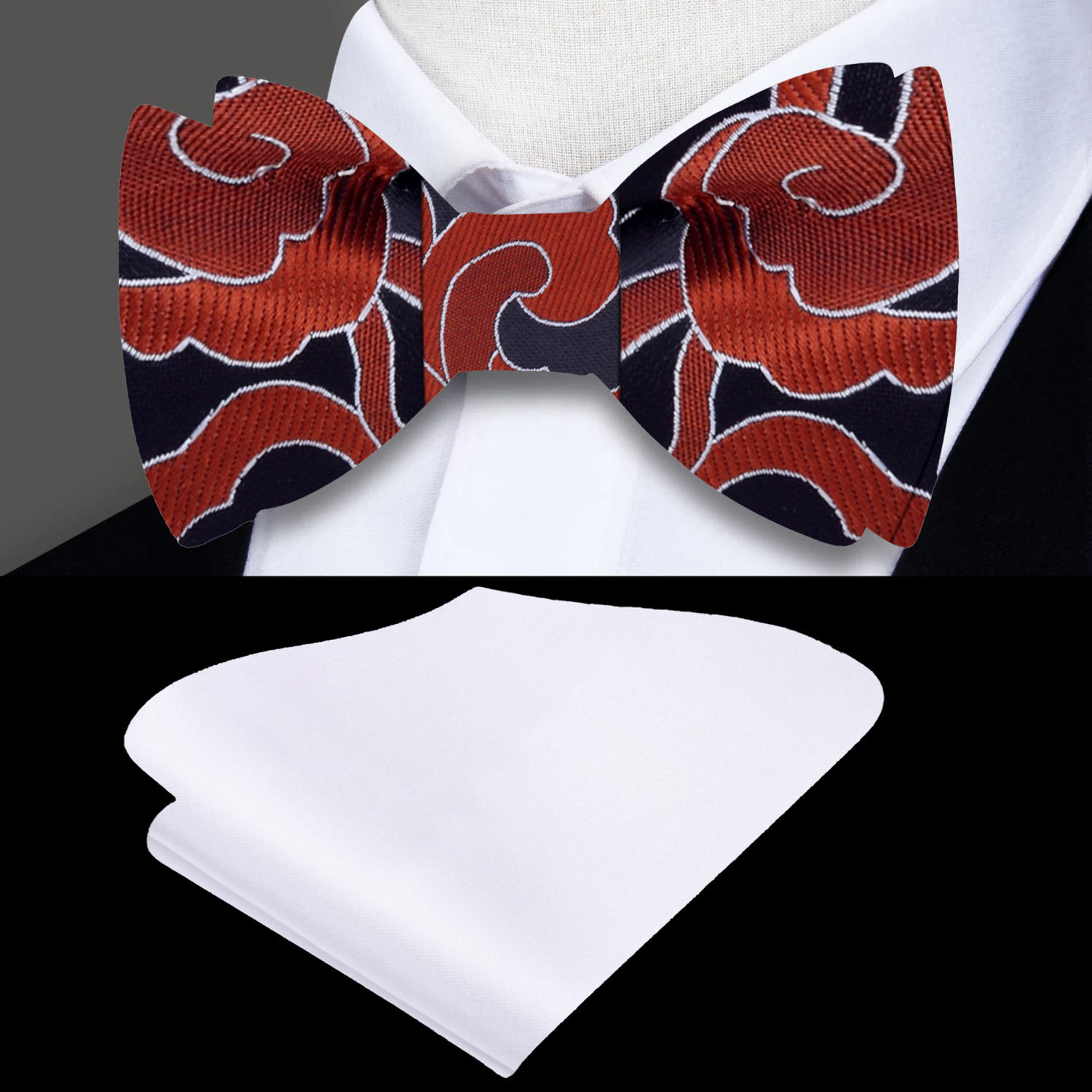 Black, Brown Abstract Self Tie Bow Tie and White Square