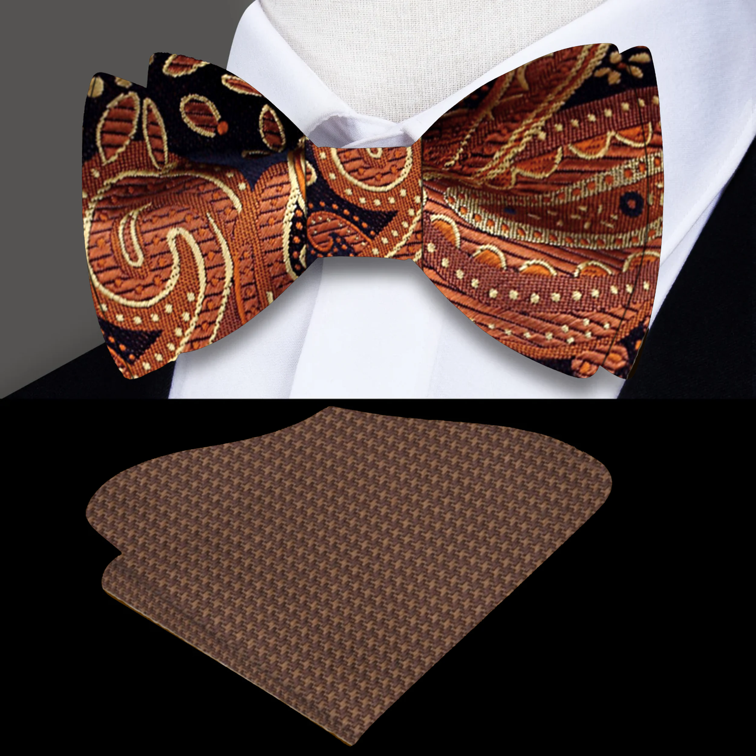 Main: Shades of Brown Paisley Bow Tie and Brown Square