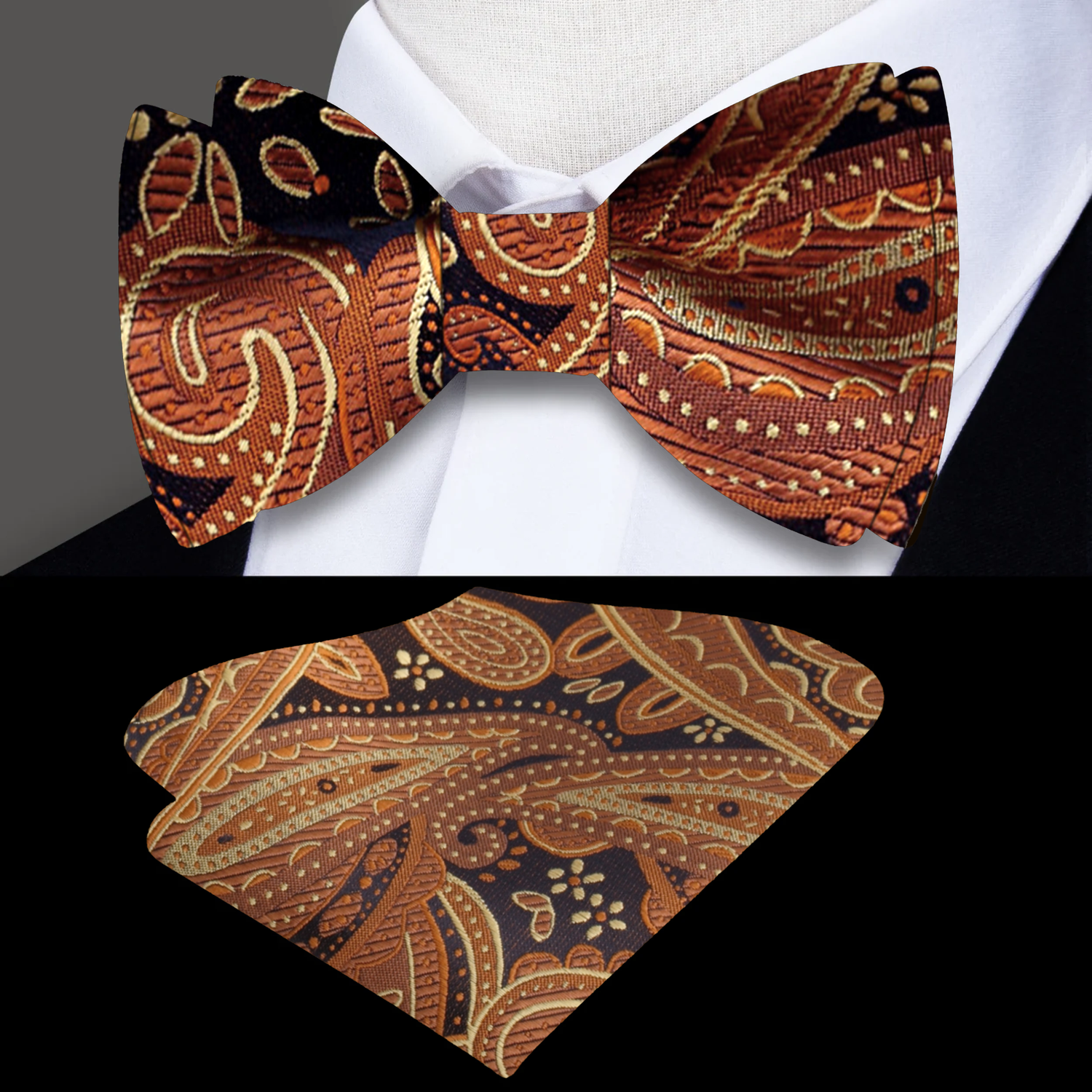 Main: Shades of Brown Paisley Bow Tie and Matching Square