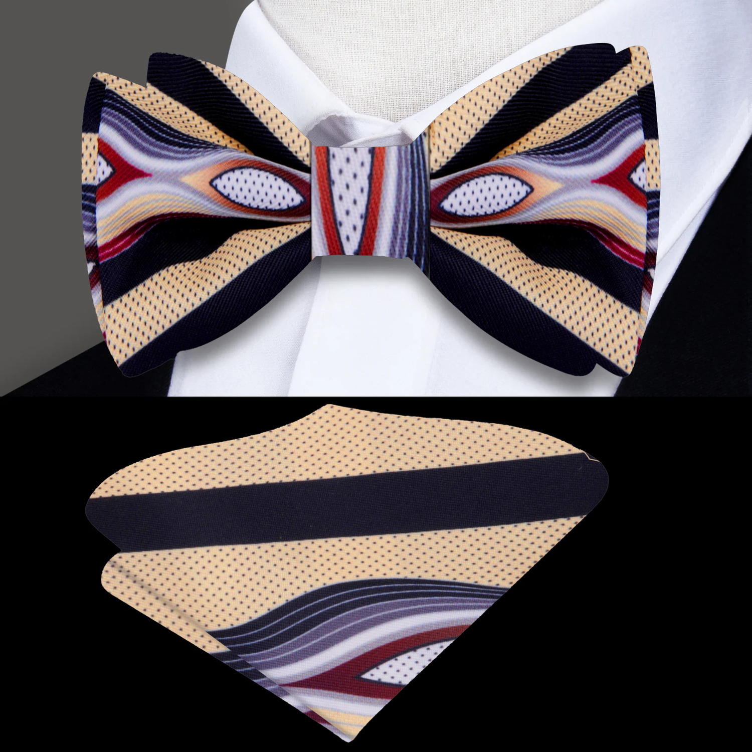 Main: Red, Black, Light Grey Abstract Bow Tie and Pocket Square||Light Brown