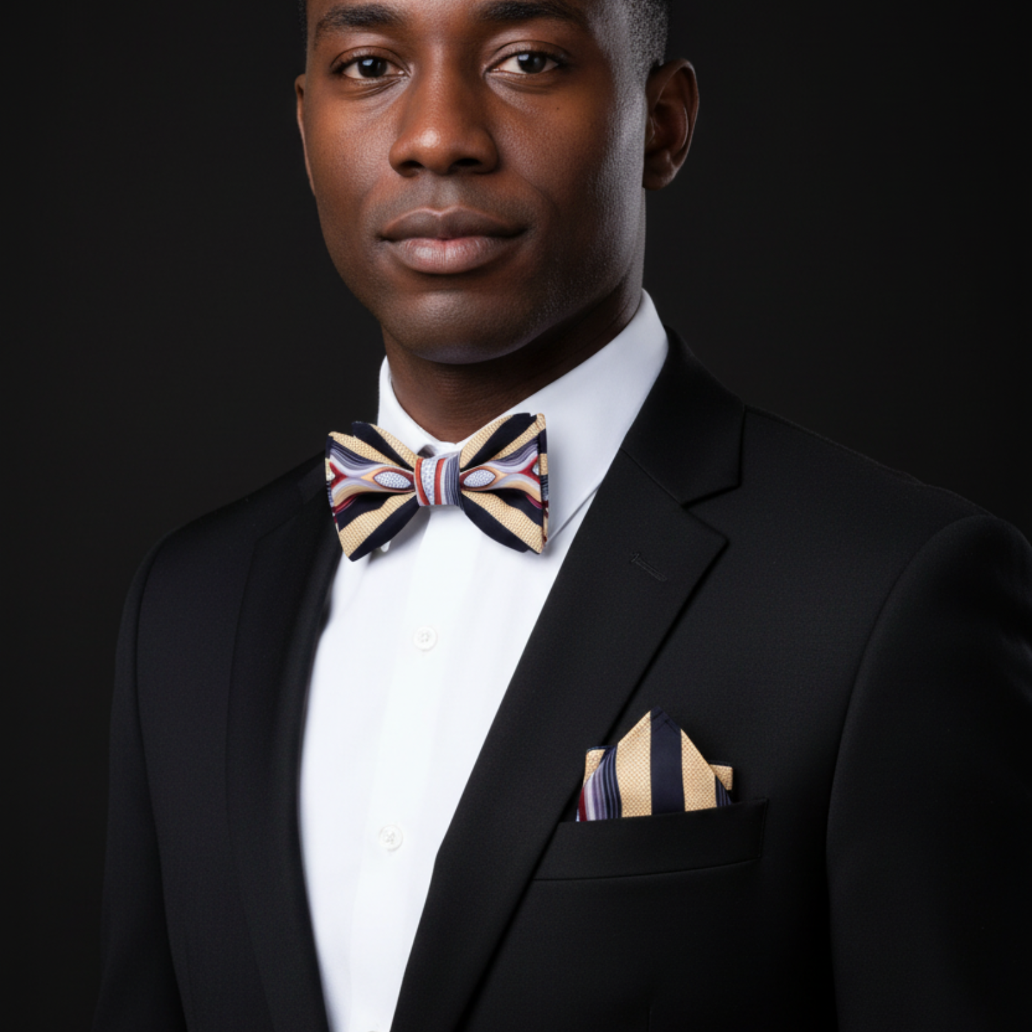Man wearing a black suit with a colorful bow tie and pocket square against a dark background
