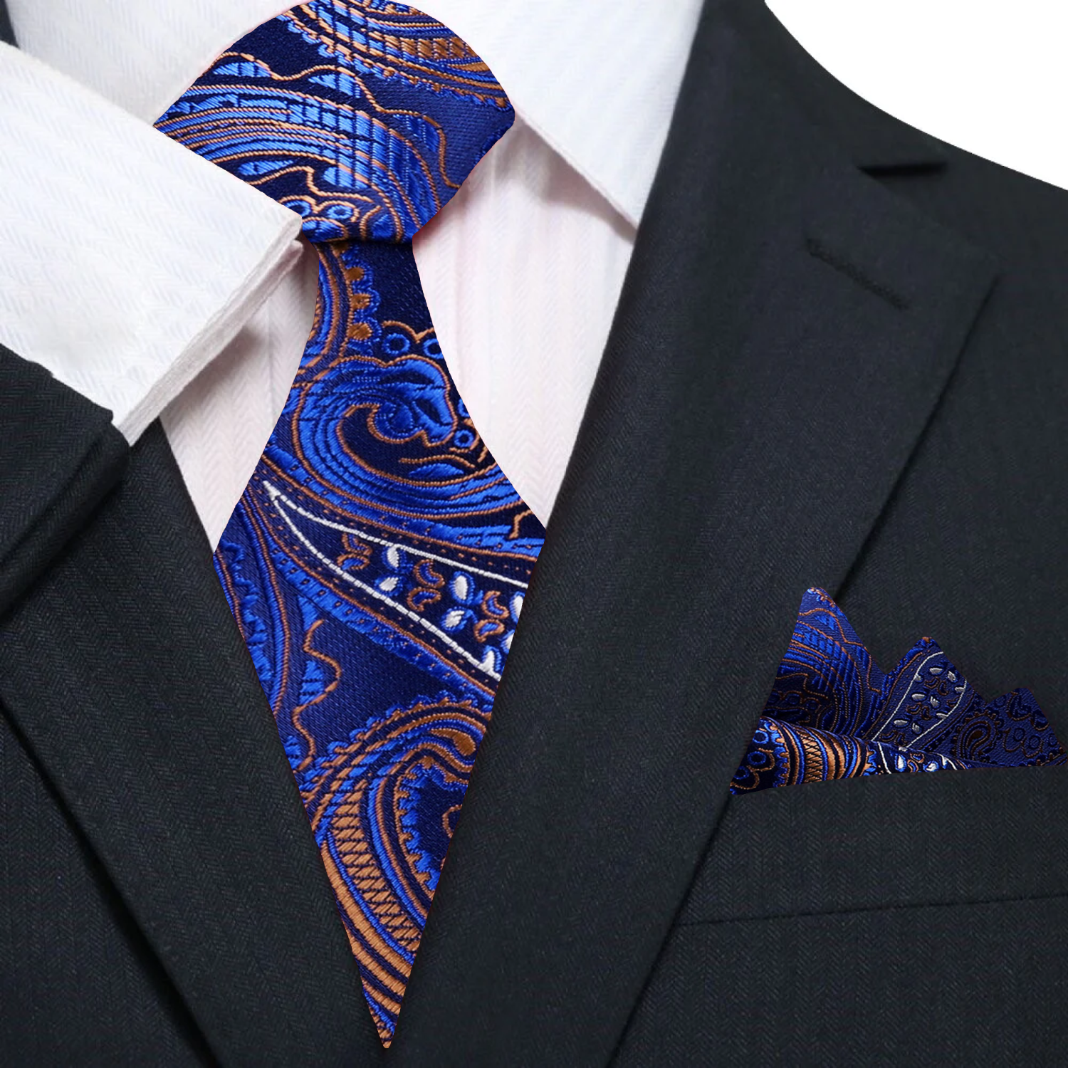 Premium Blue, Golden Brown, Black Paisley Tie and Square||Blue, Golden Brown, Black