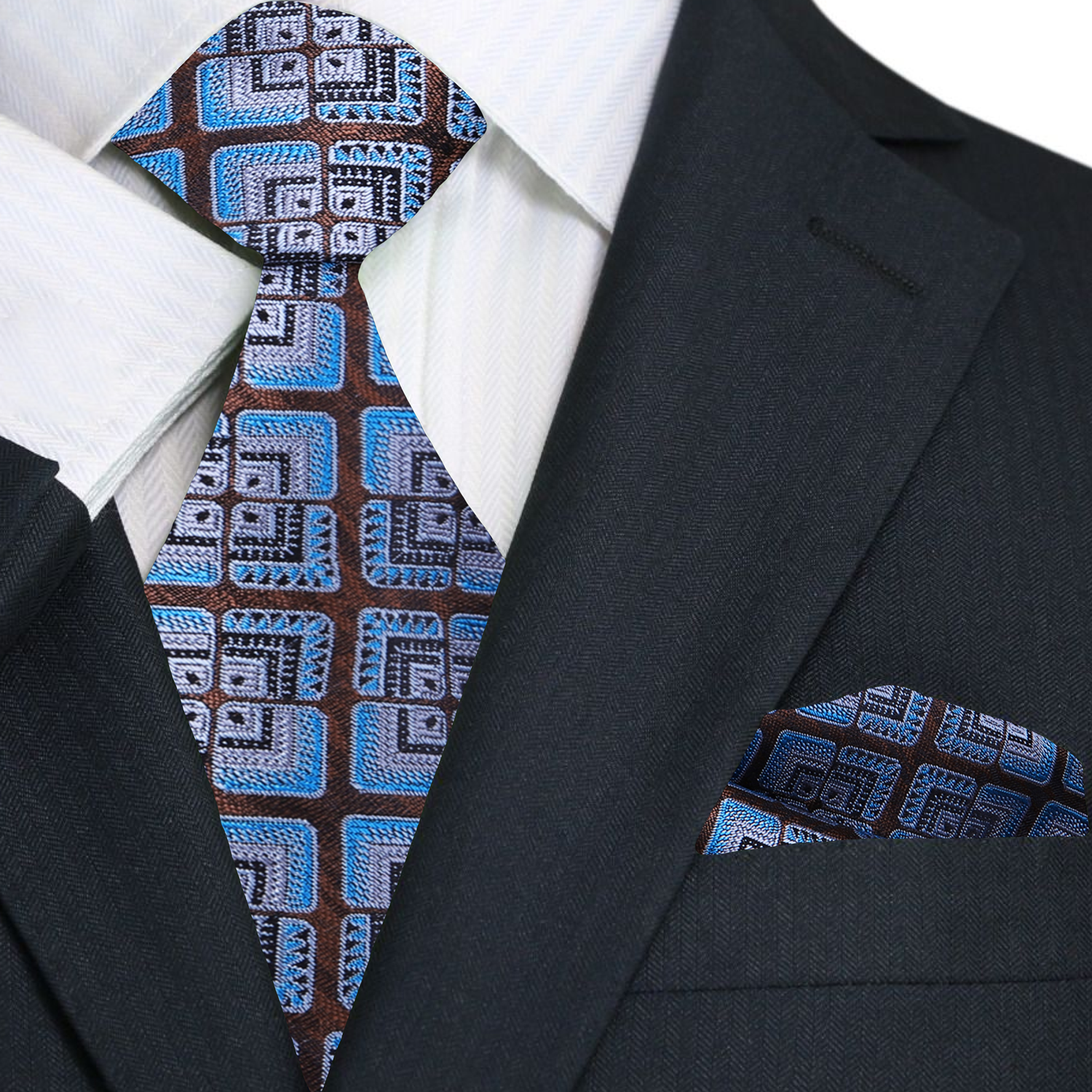 Main Brown and Blue Necktie and Square