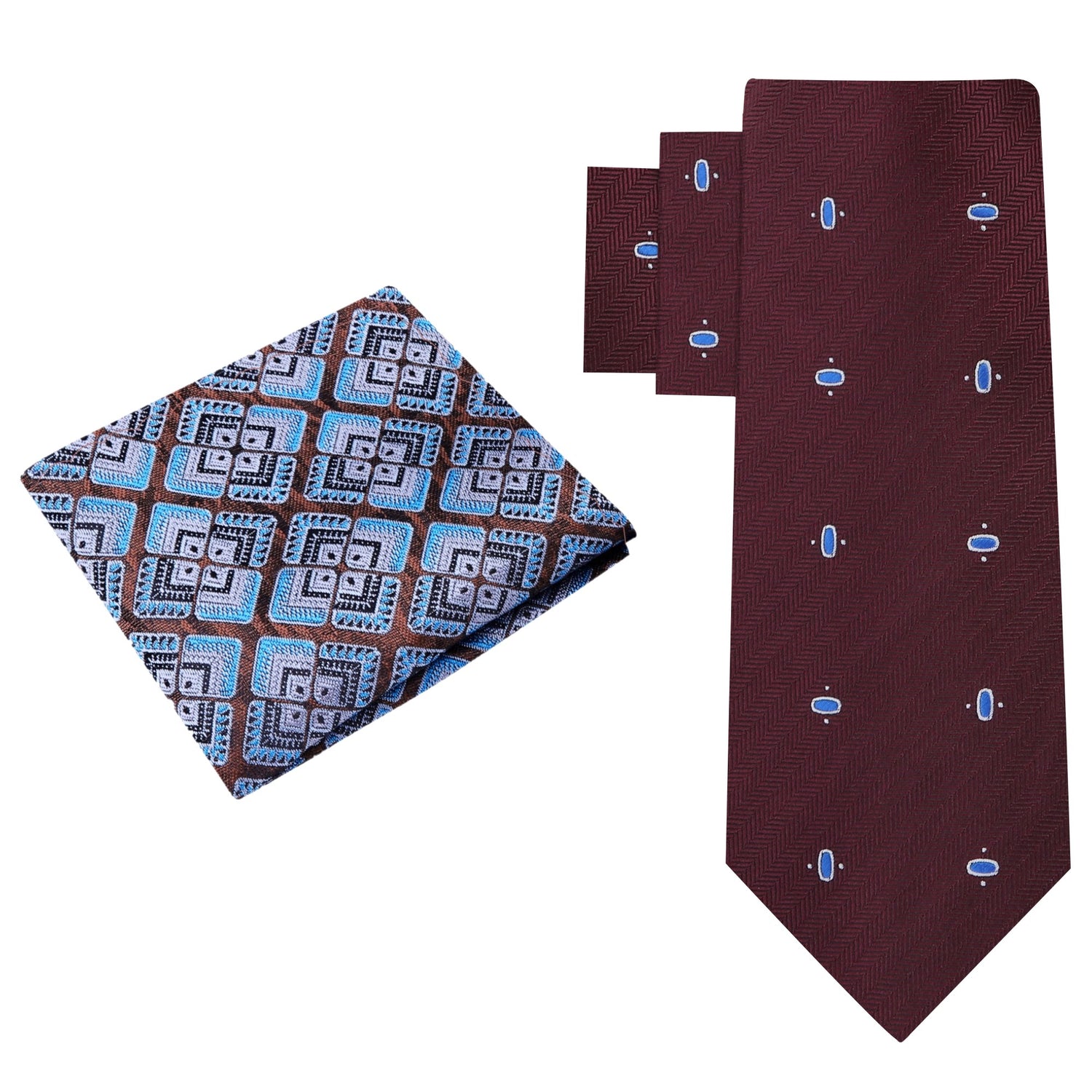 Alt View: Brown Blue Oval Necktie with Brown Lotus Square