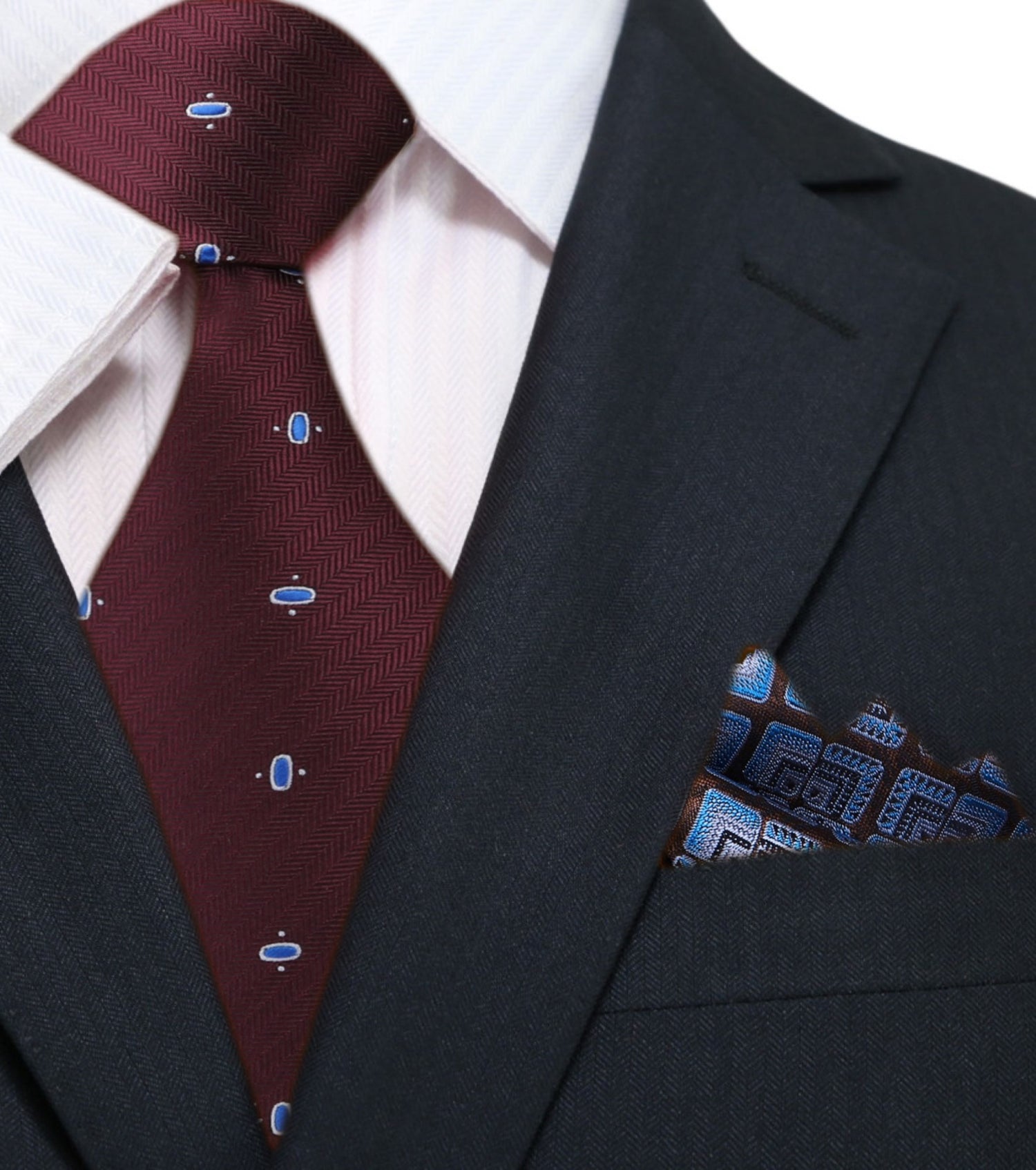 Main: Brown Blue Oval Necktie with Brown Lotus Square