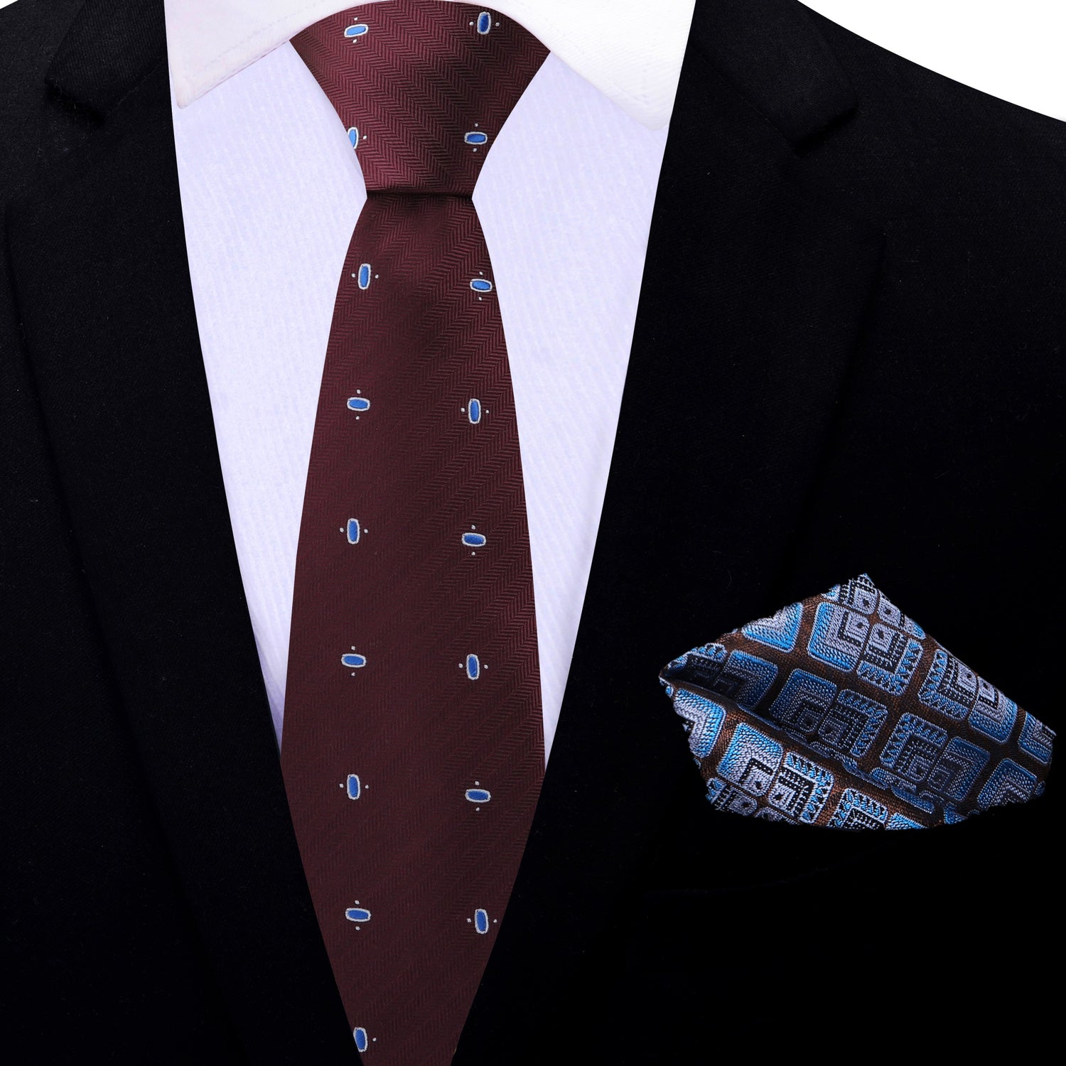 Thin Tie:Brown Blue Oval Necktie with Brown Lotus Square
