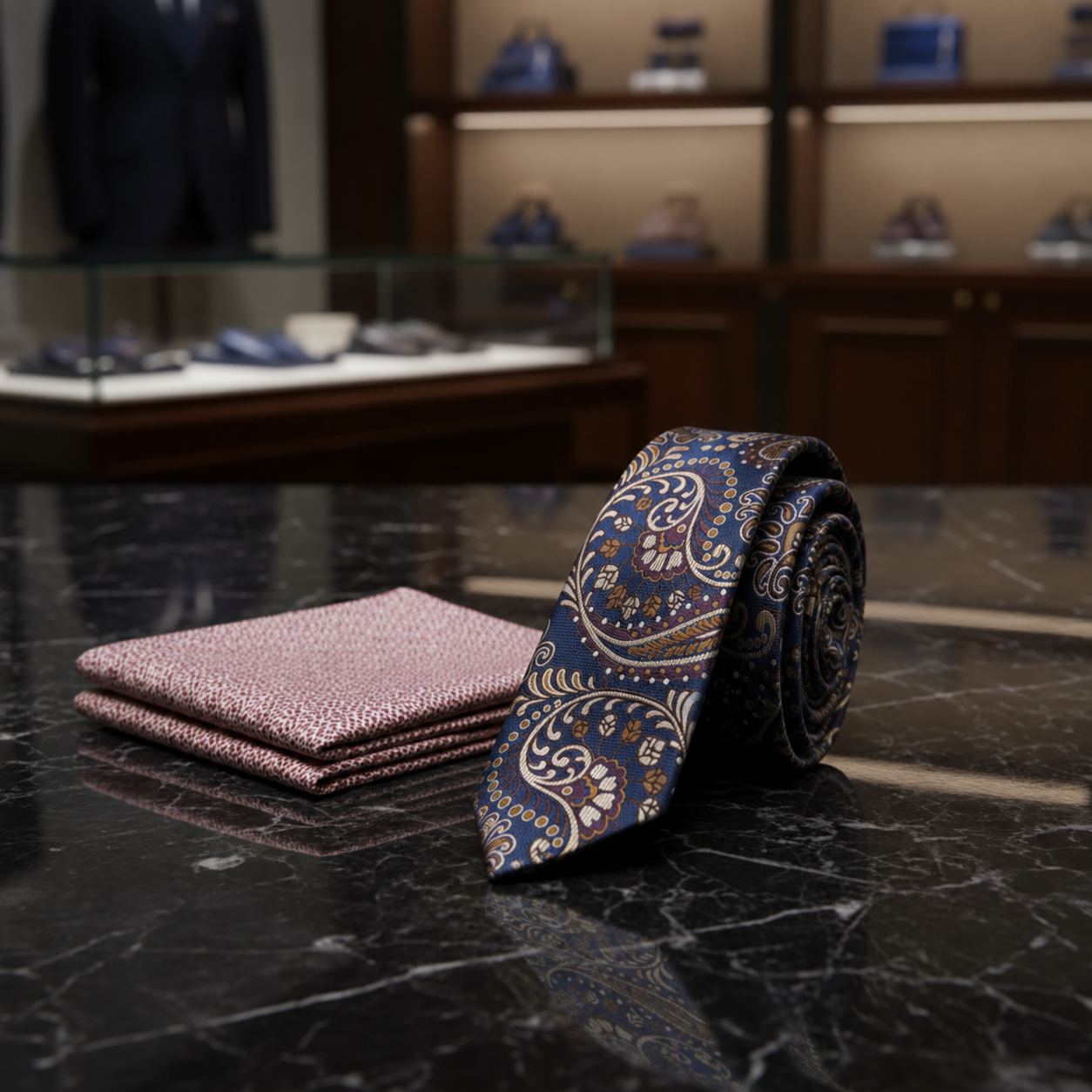 A rolled navy blue paisley necktie with gold and white detailing stands next to a folded matching pocket square on a polished black marble surface, with a blurred boutique interior in the background.