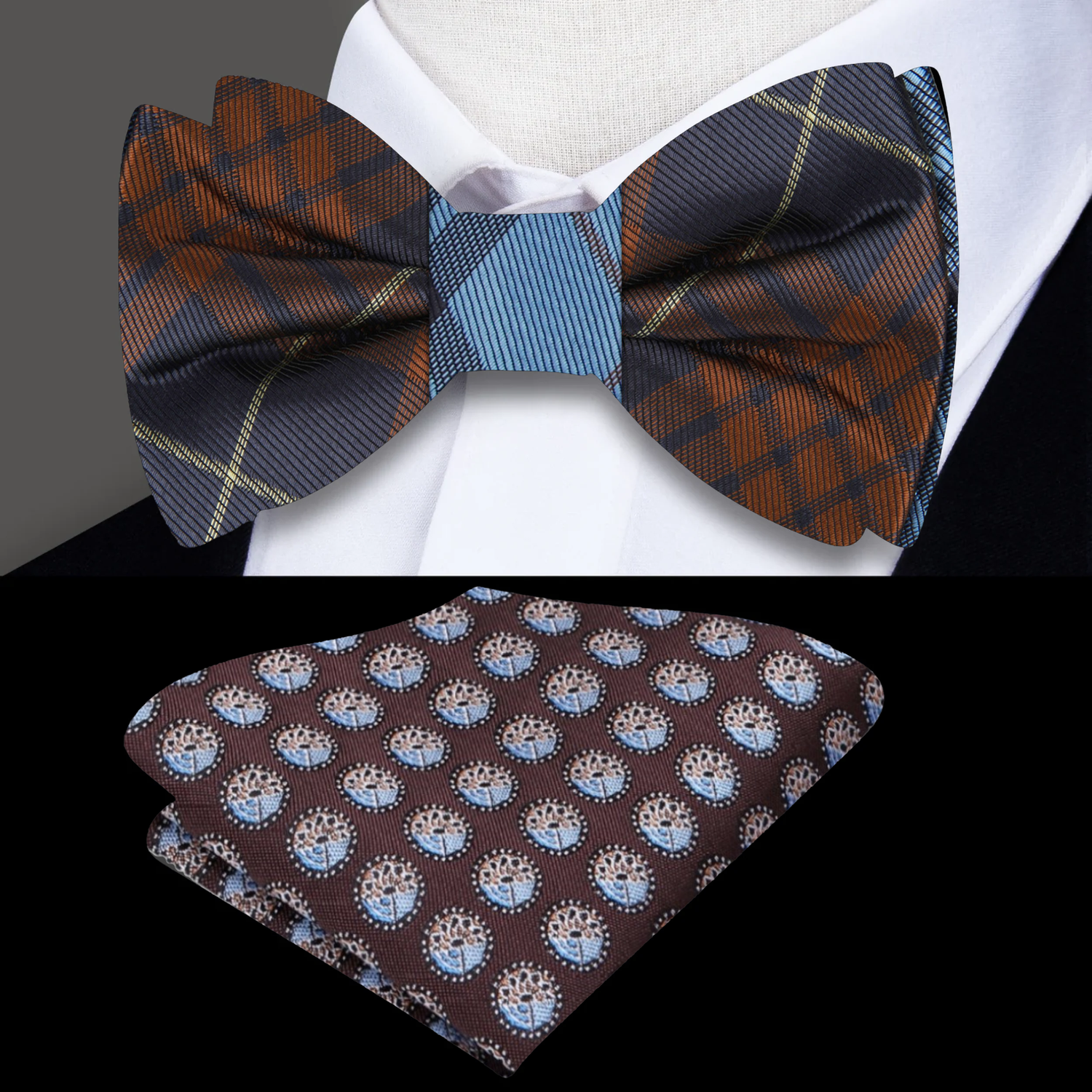 Brown, Blue Plaid Bow Tie with Brown Geometric Square