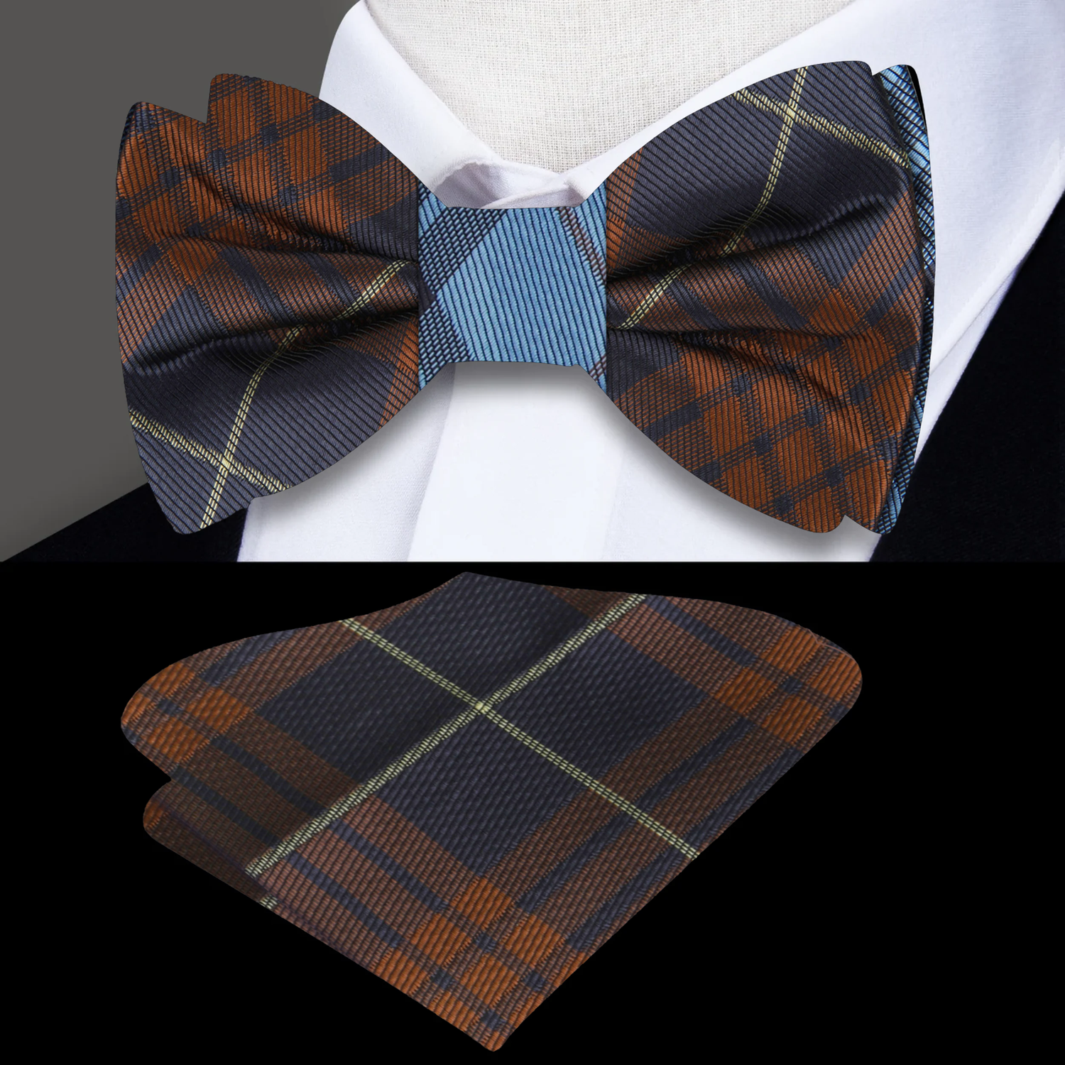 Brown, Blue Plaid Bow Tie with  Square